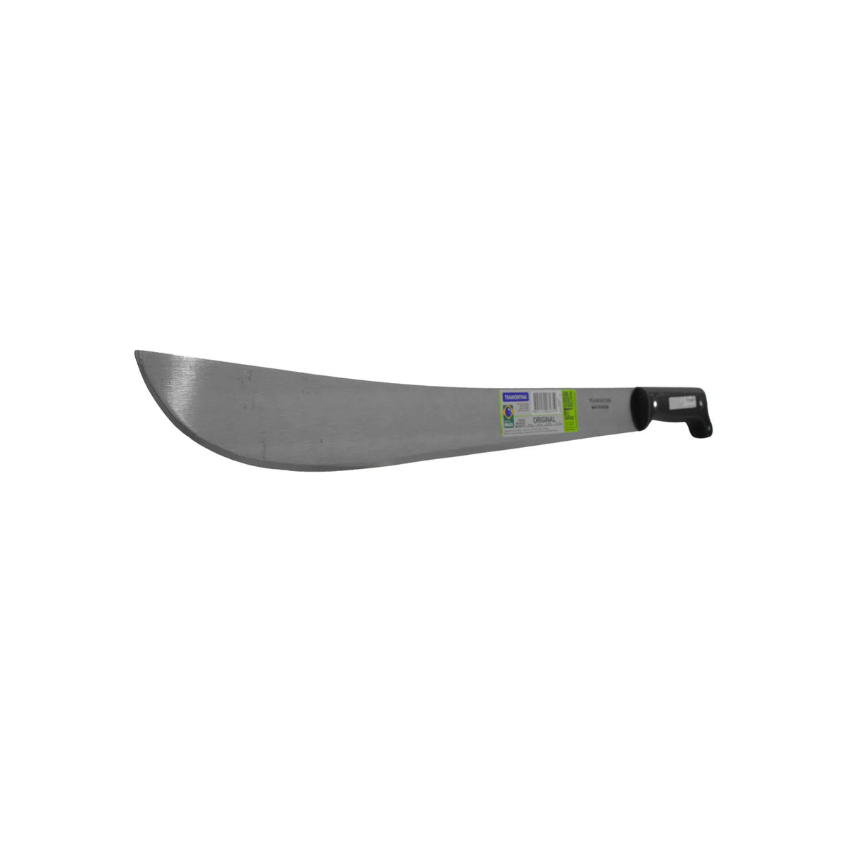 Machete Tramontina con hoja de acero y mango negro para limpieza de maleza y desbroce de terrenos.