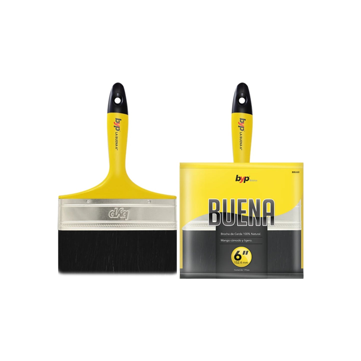 Brocha 6 pulgadas BYP BUENA, cerda 100% natural, mango ergonómico amarillo y negro para pintura.