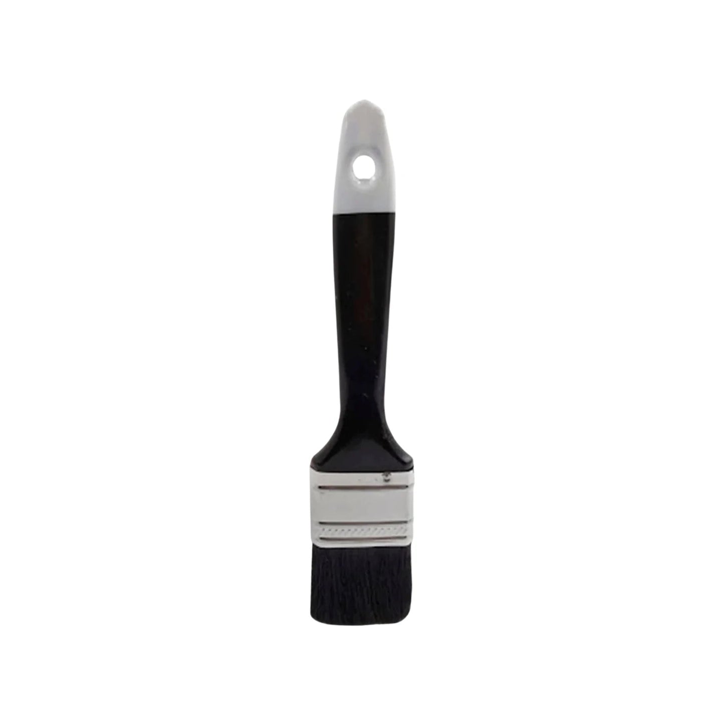 Brocha de 1 1/2 pulgadas, mango negro y blanco con orificio para colgar, cerdas negras, férula metálica, herramienta de pintura.