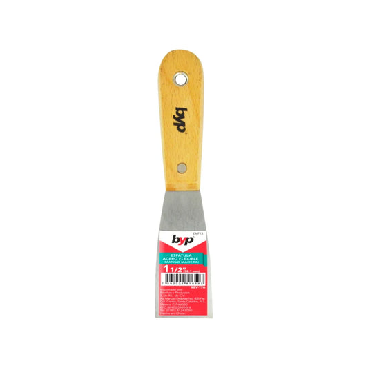 Hoja de 1 ½",Mango de madera.,Acero flexible y resistente.,Fabricado en acero al carbóno.,Ideal para uso con pinturas, adhesivo y Matrial de construcción (yeso, cemento, etc.)
