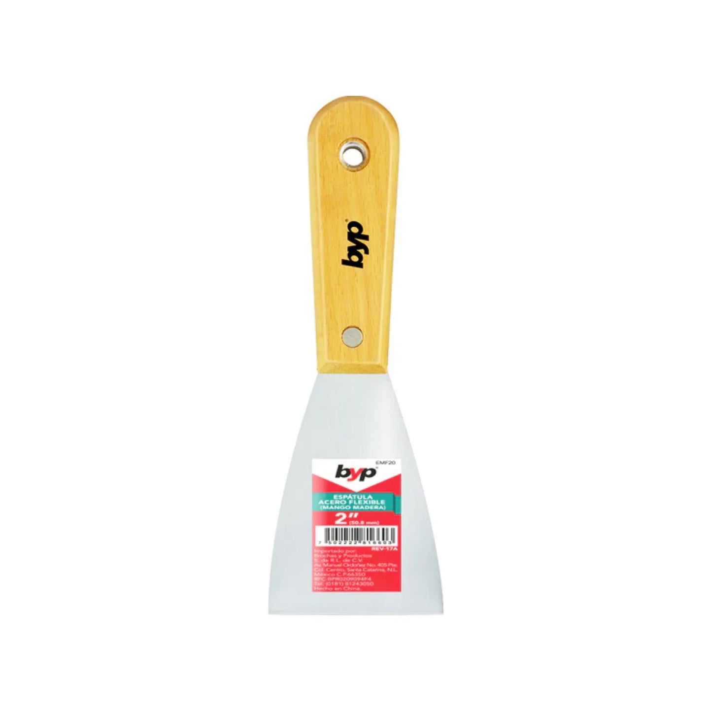 Hoja de 2",Mango de madera.,Acero flexible y resistente.,Fabricado en acero al carbóno.,Ideal para uso con pinturas, adhesivo y Matrial de construcción (yeso, cemento, etc.)