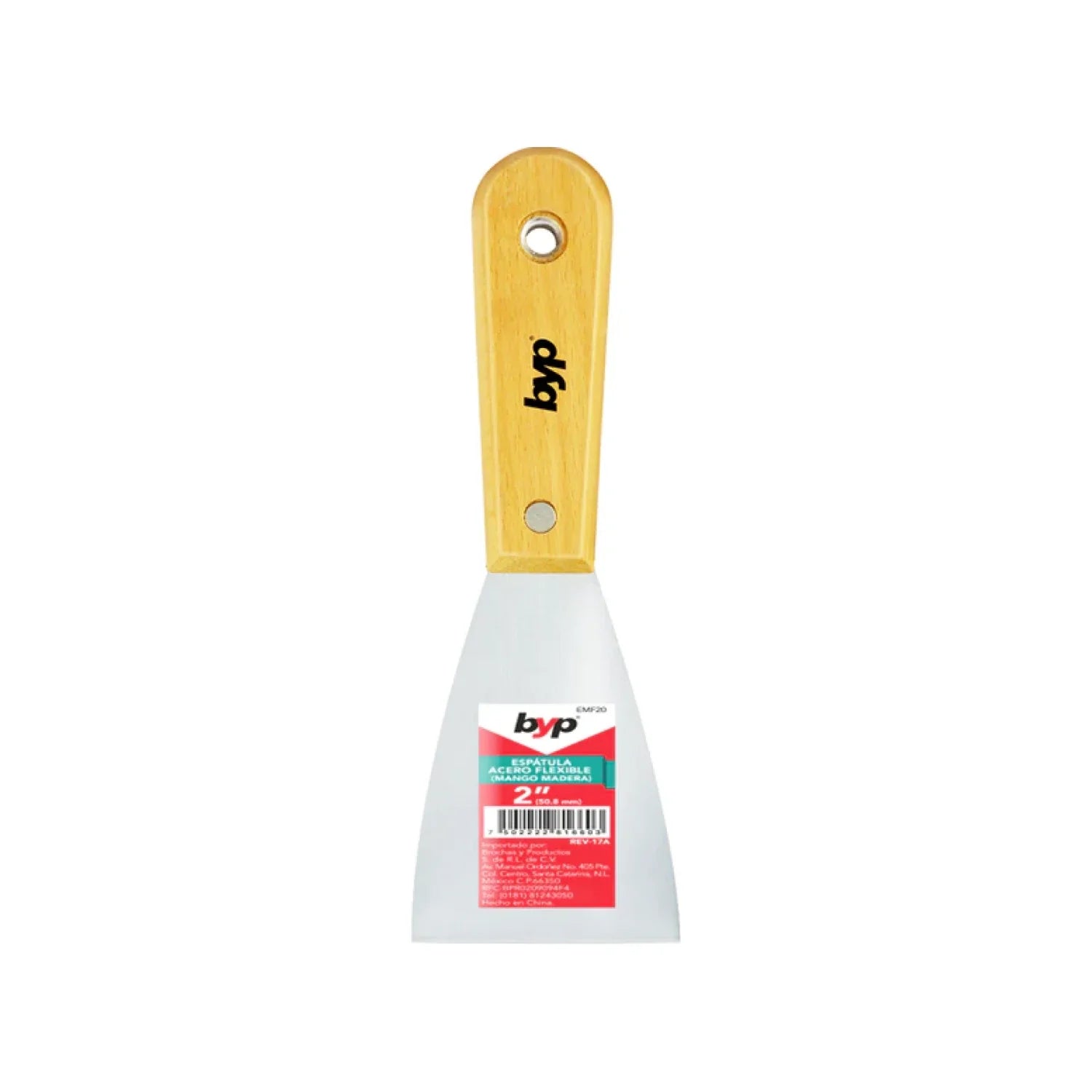 Hoja de 2",Mango de madera.,Acero flexible y resistente.,Fabricado en acero al carbóno.,Ideal para uso con pinturas, adhesivo y Matrial de construcción (yeso, cemento, etc.)