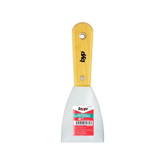 Hoja de 4",Mango de madera.,Acero flexible y resistente.,Fabricado en acero al carbóno.,Ideal para uso con pinturas, adhesivo y Matrial de construcción (yeso, cemento, etc.).