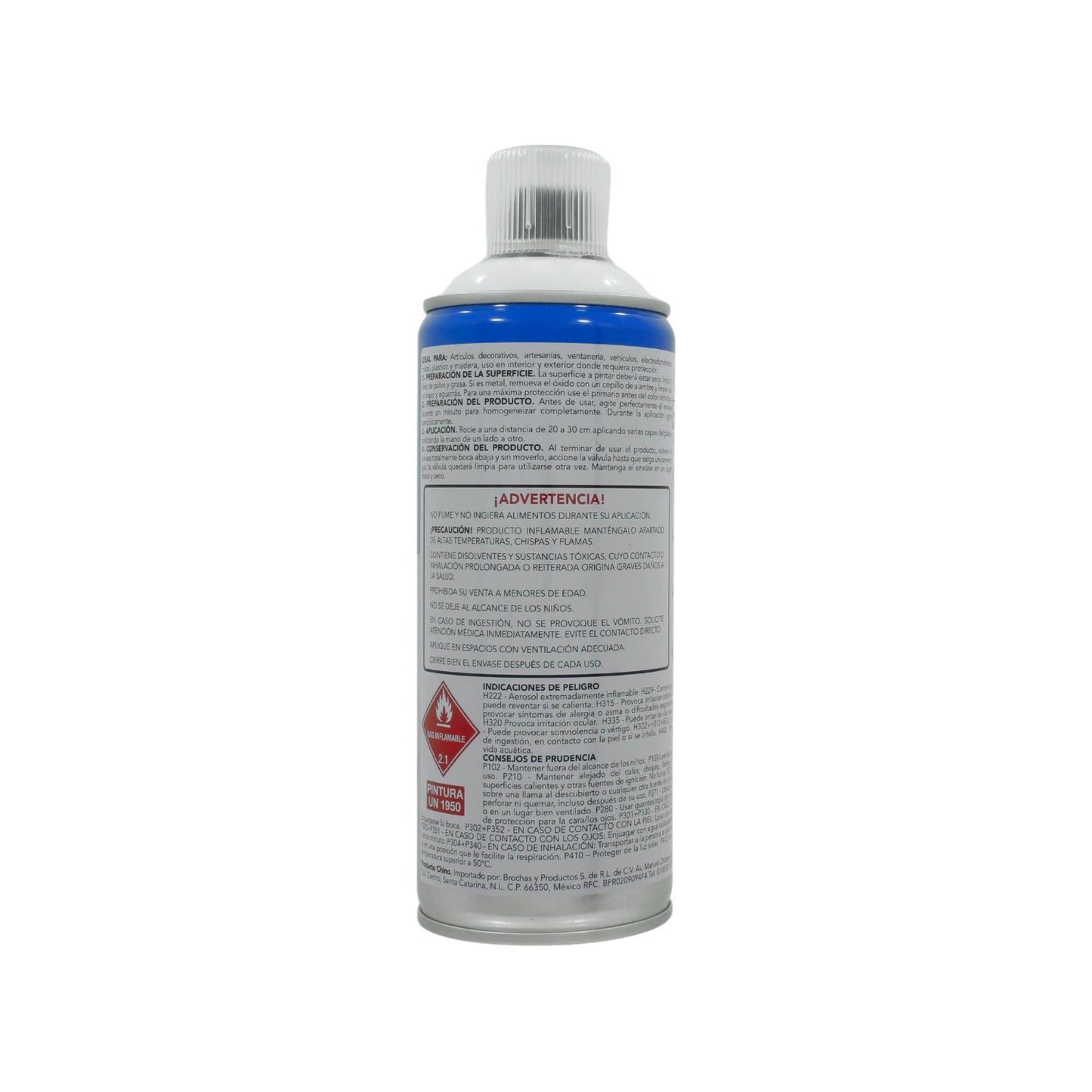 Pintura en aerosol blanca para metal, madera y plástico, lata azul con tapa blanca