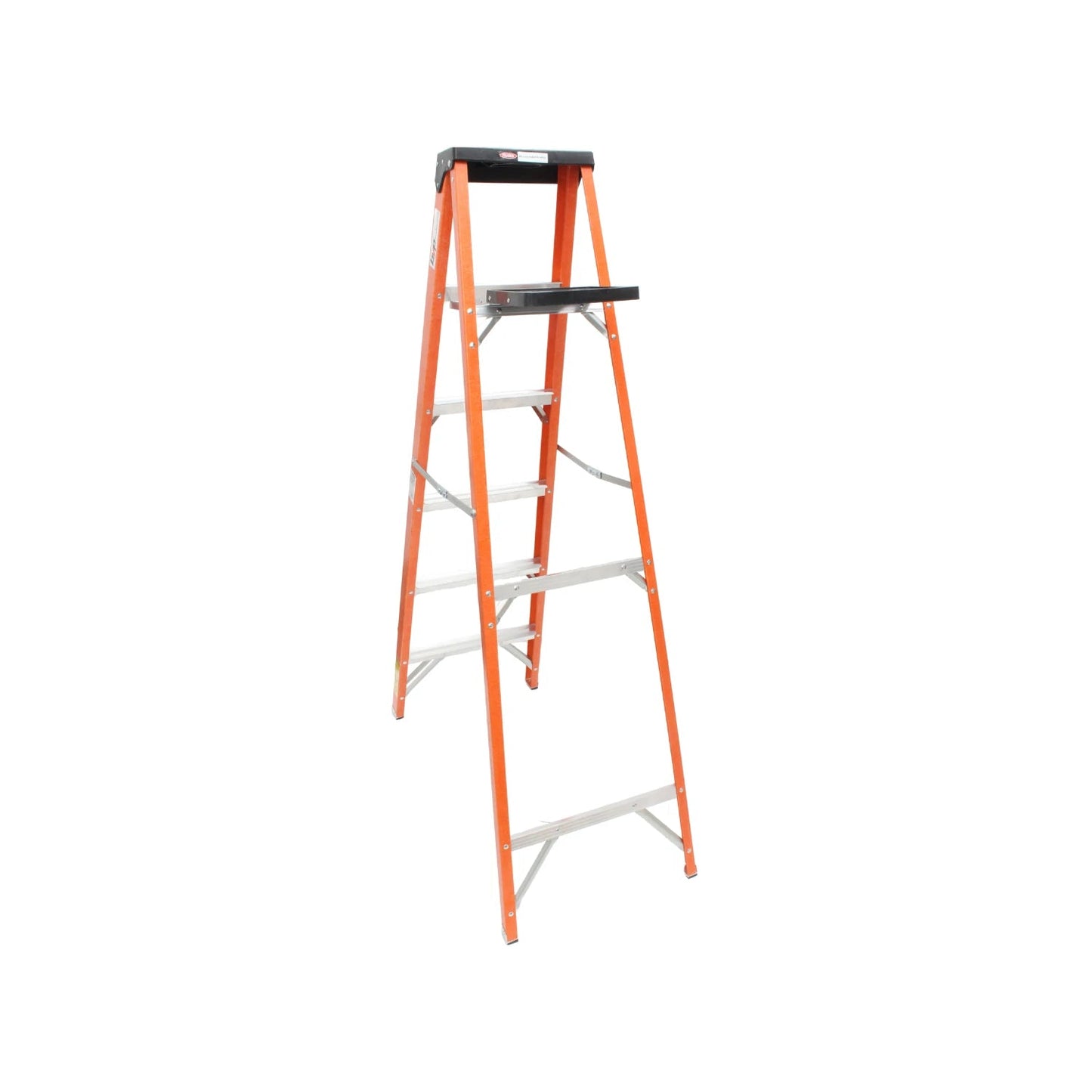 Escalera de tijera 5 peldaños, fibra de vidrio naranja, plataforma superior con bandeja para herramientas.