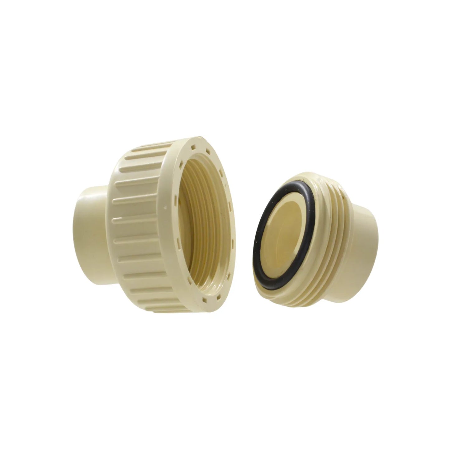 Tuerca unión CPVC de 1 pulgada (25mm) beige, con partes roscadas y empaque o-ring para sistemas de plomería.