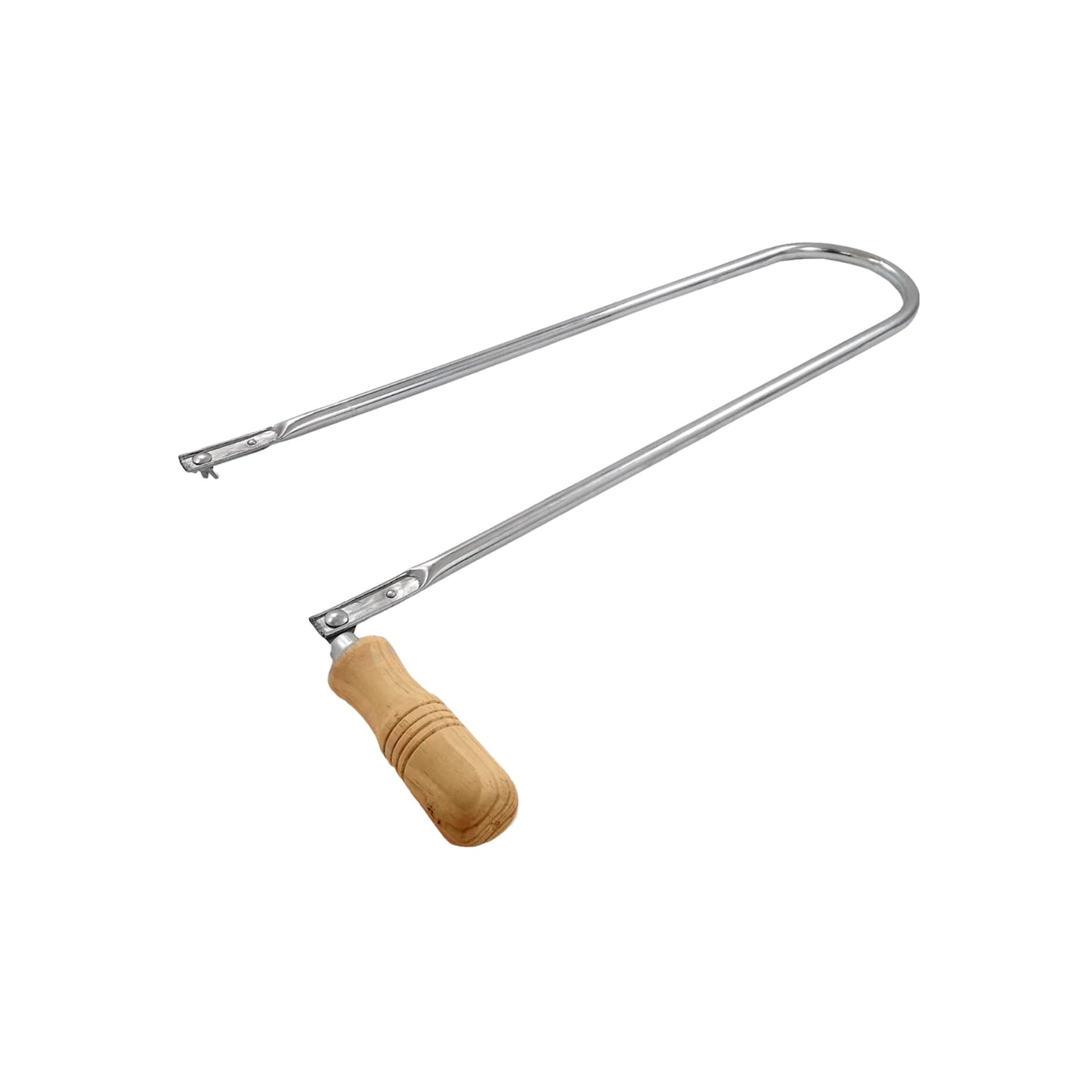 Arco de segueta manual tubular de metal cromado con mango de madera, ideal para cortes finos y calado