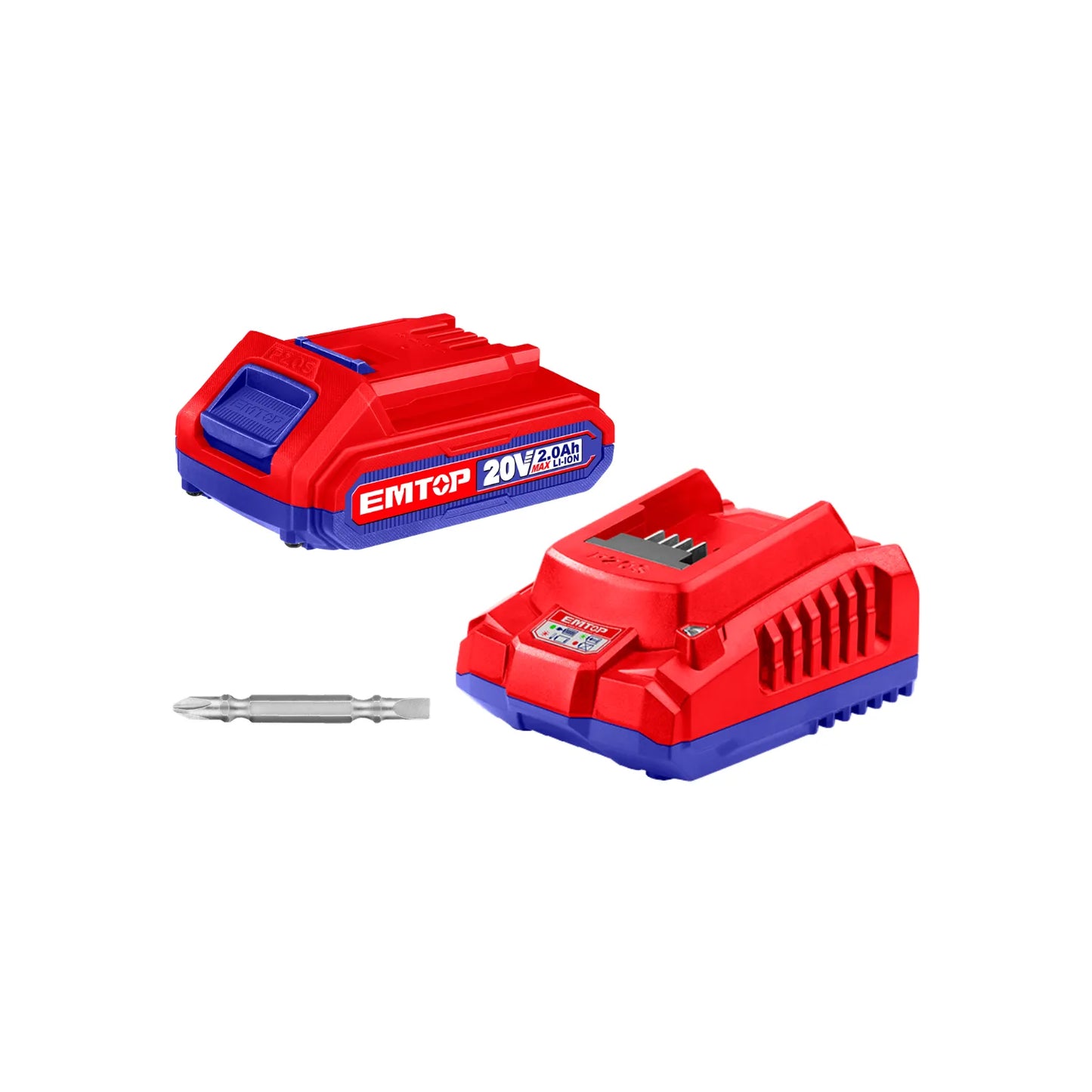 Batería EMTOP 20V 2.0Ah litio, cargador rápido rojo/azul y punta doble para destornillador eléctrico
