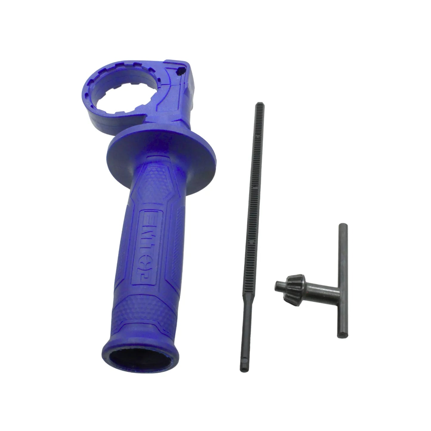 Mango auxiliar azul para taladro con empuñadura ergonómica, medidor de profundidad y llave de broquero