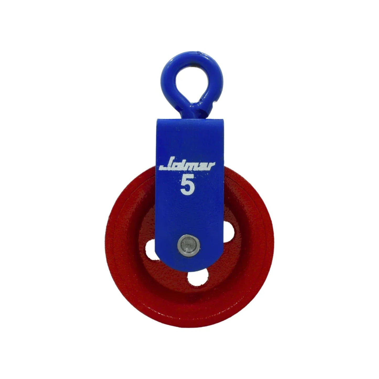 Garrucha simple Jolmar #5 con roldana roja y armazón azul para noria y elevación