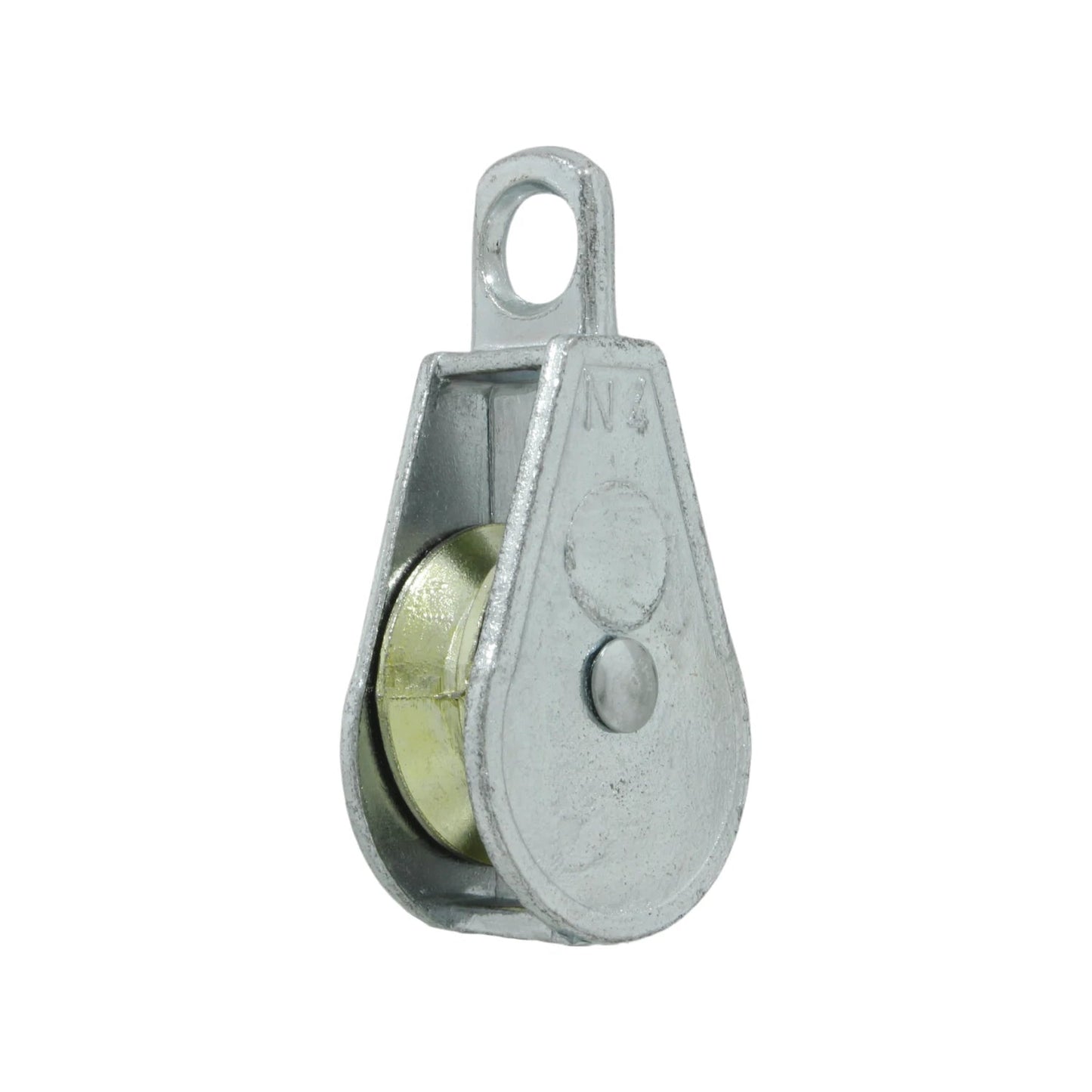 Garrucha simple metálica galvanizada #N4 con polea dorada, ideal para tendederos y cargas ligeras