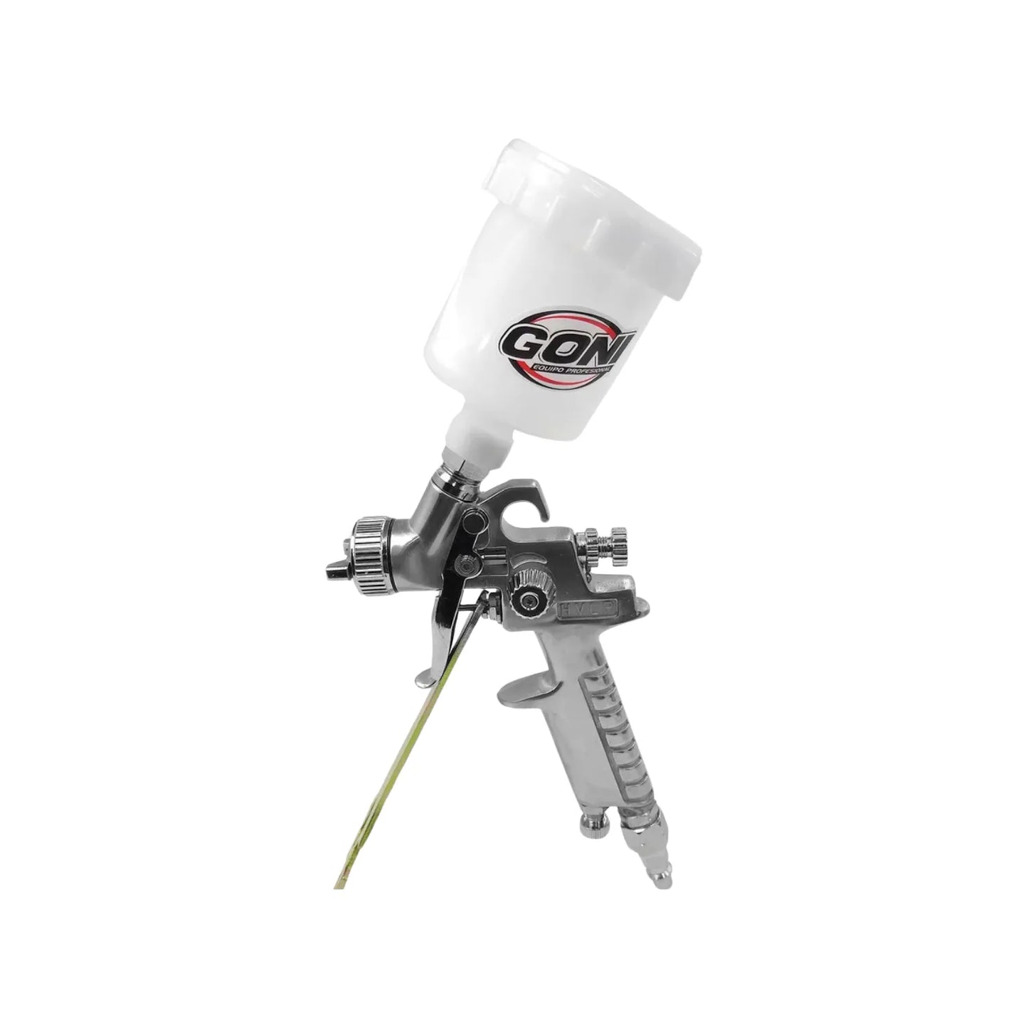 Pistola mini de retoque HVLP.,Puede controlar la amplitud del abanico.,Ideal para el repintado automotriz y la igualacion de color.,Los materiales ideales a aplicar son primarios esmaltes lacas acrilicas y poliuretanos.