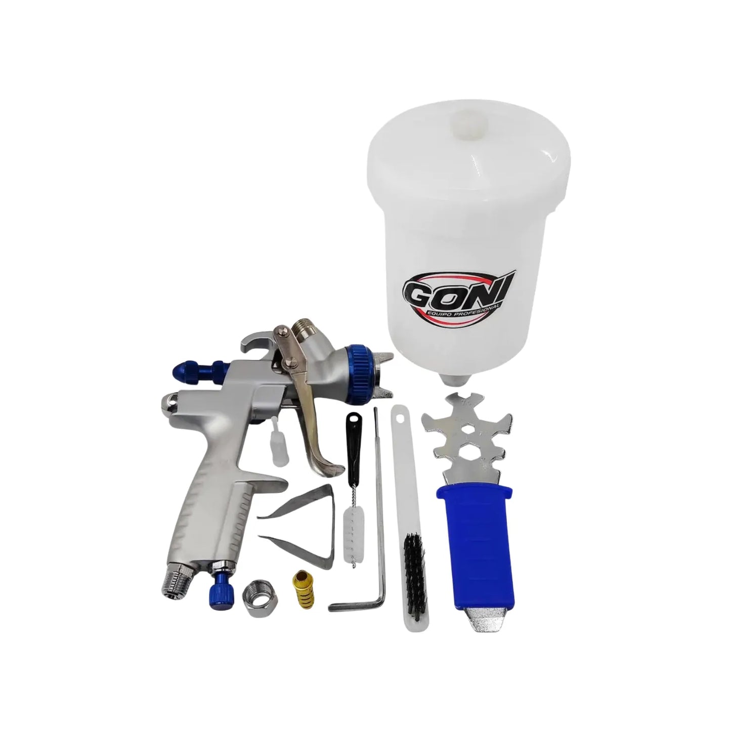 Cuenta con 3 reguladores material aire y abanico.,Resiste la oxidacion.,Componentes internos Fabricado en latón.,Pistola de gravedad LVLP para pintura base agua y boquilla de 1.3 mm