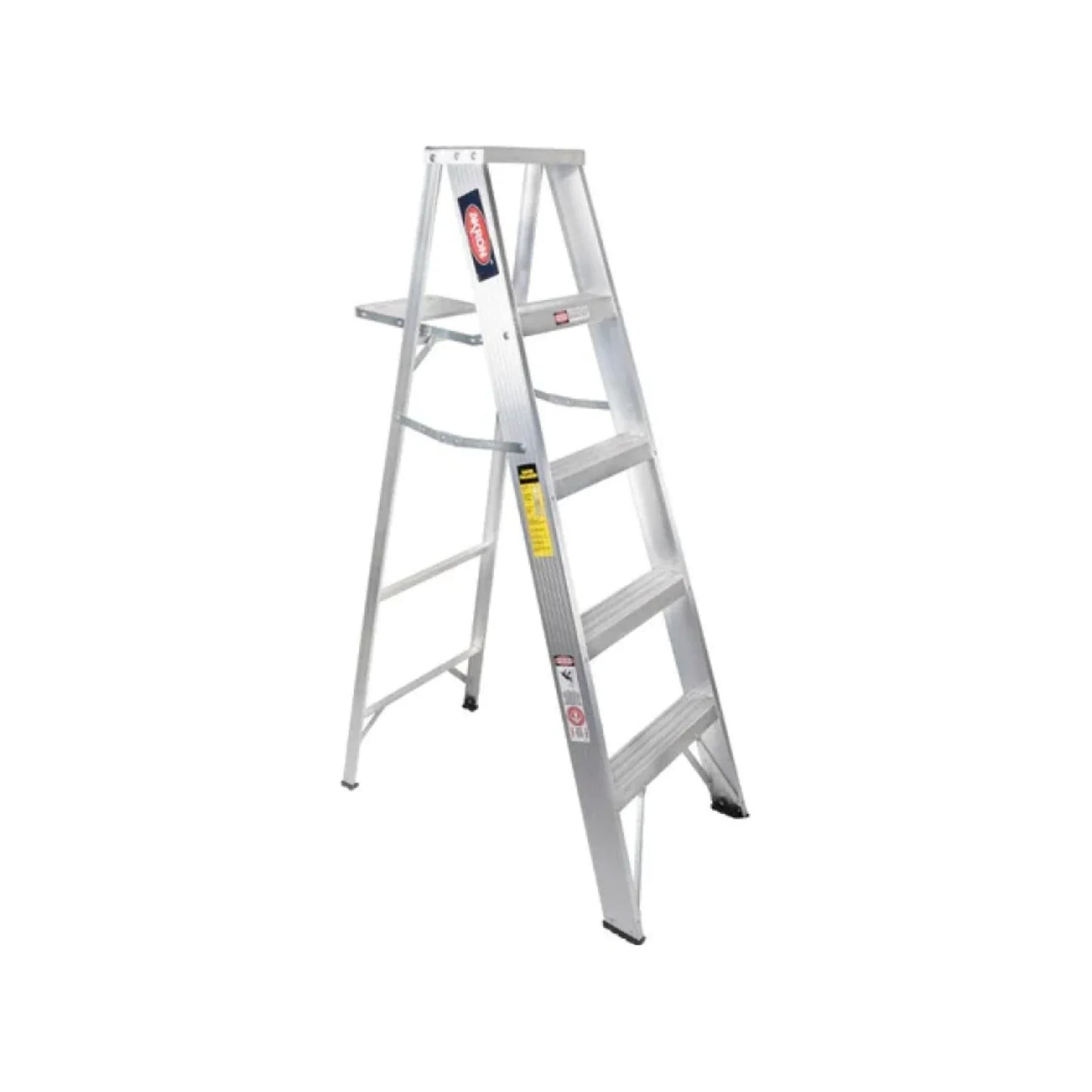 Escalera de 1.53 m de altura.,Porta cubeta de aluminio.,Tapa plástica roja.,Peldaños y tacones antiderrapantes.