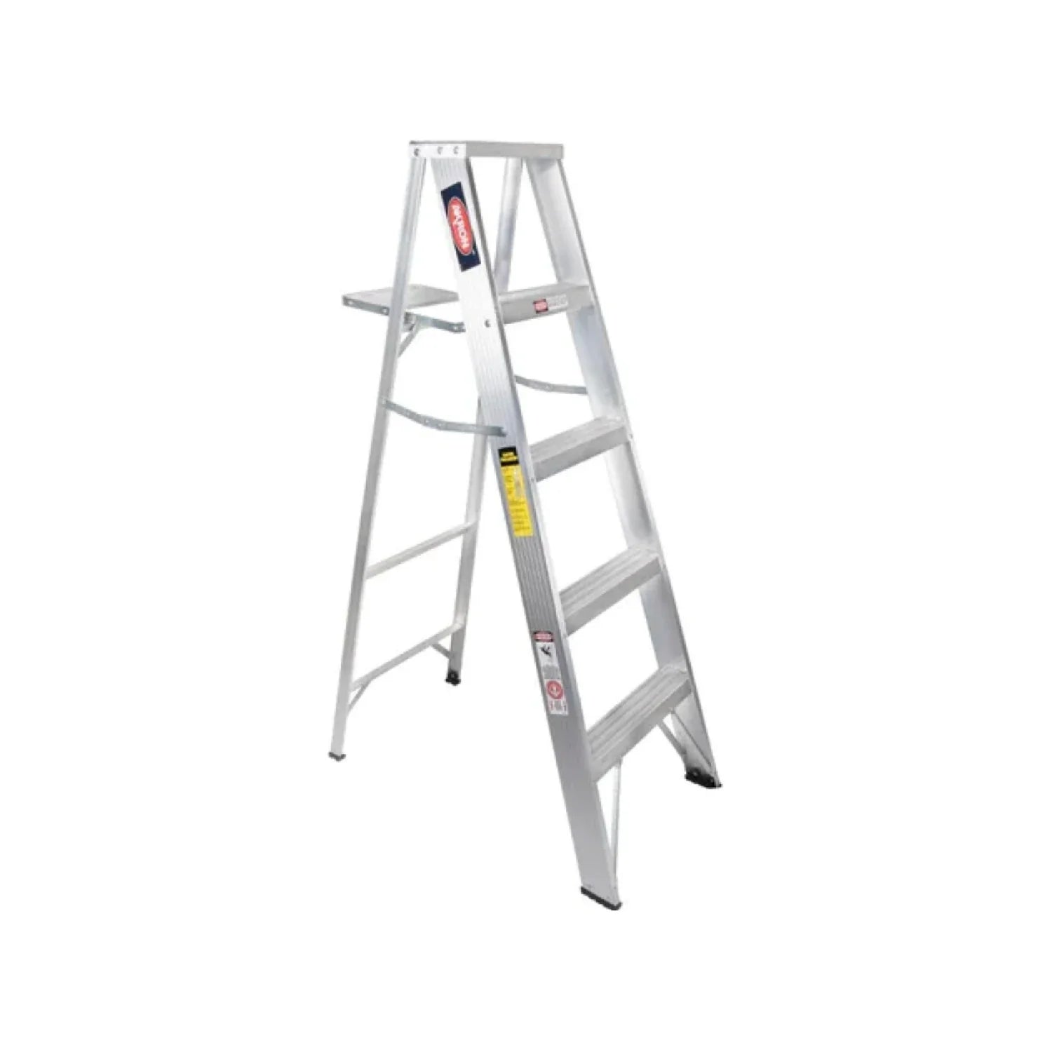 Escalera de 1.53 m de altura.,Porta cubeta de aluminio.,Tapa plástica roja.,Peldaños y tacones antiderrapantes.