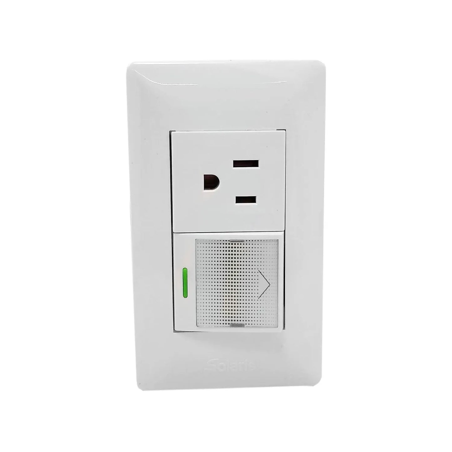 Fabricada de plástico ABS,Placa un apagador sencillo y un contacto.,Tomacorriente 127 V - 15 A - 60 Hz,Apagador 27 V – 10 A – 60 Hz,Herrajes de latón.,Contacto polarizado.,Ideal para uso residencial u oficina.