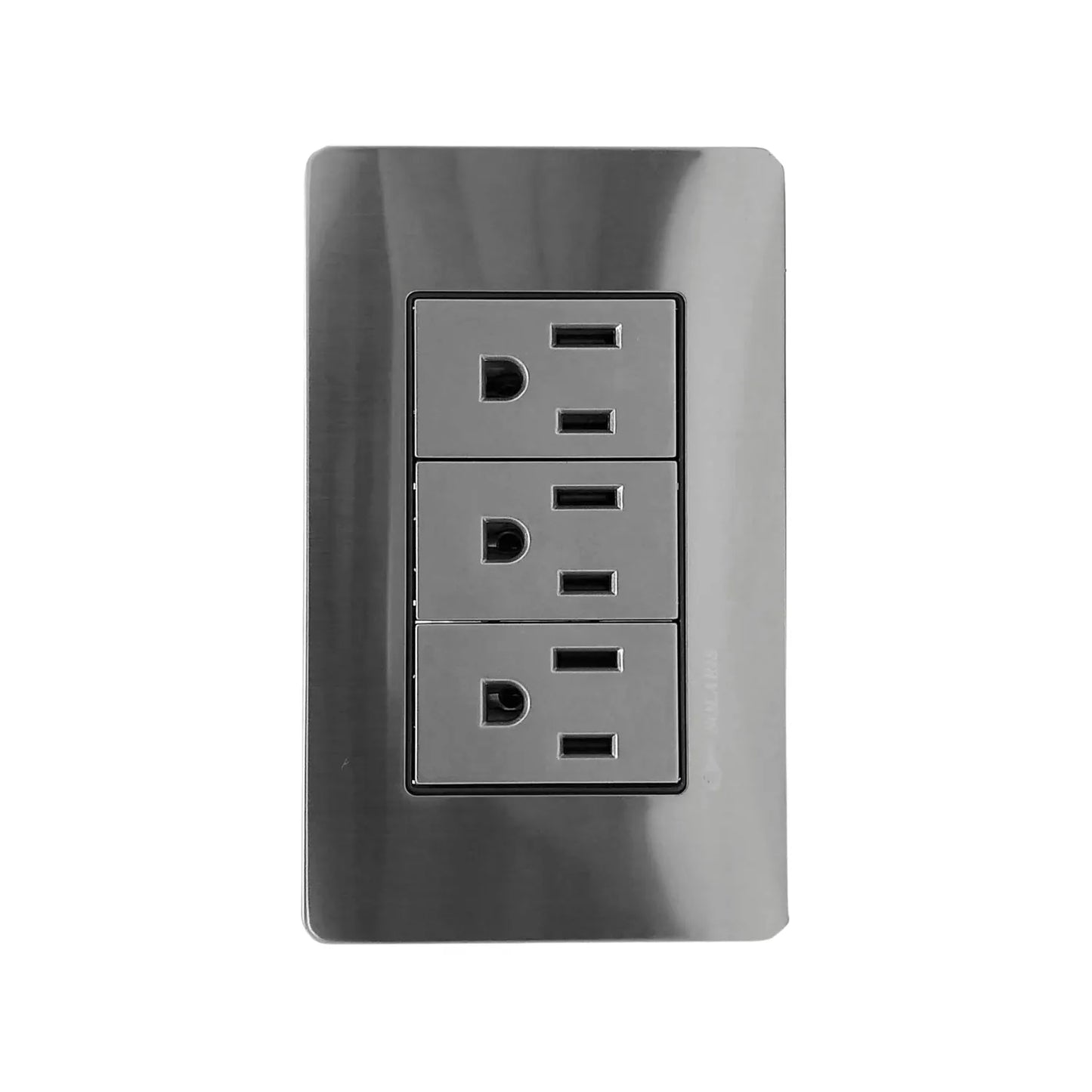 Fabricada de aluminio.,Cubierta de acero inoxidable.,Placa 3 contactos.,127 V - 10 A - 60 Hz,Chasis de metal.,Contactos polarizados.,Acabado gris-plata ideal para uso residencial u oficina.