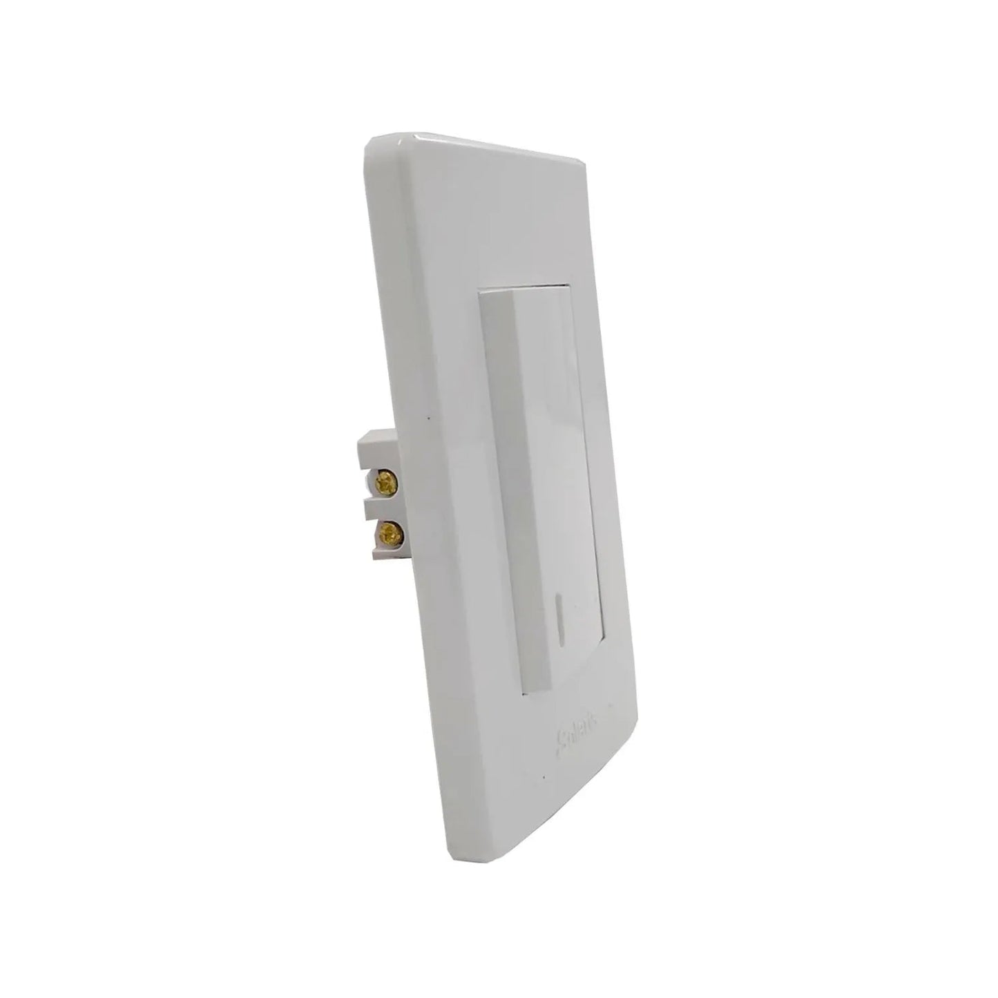 Placa blanca Solaris con 1 apagador de escalera. Interruptor eléctrico de pared vista lateral.