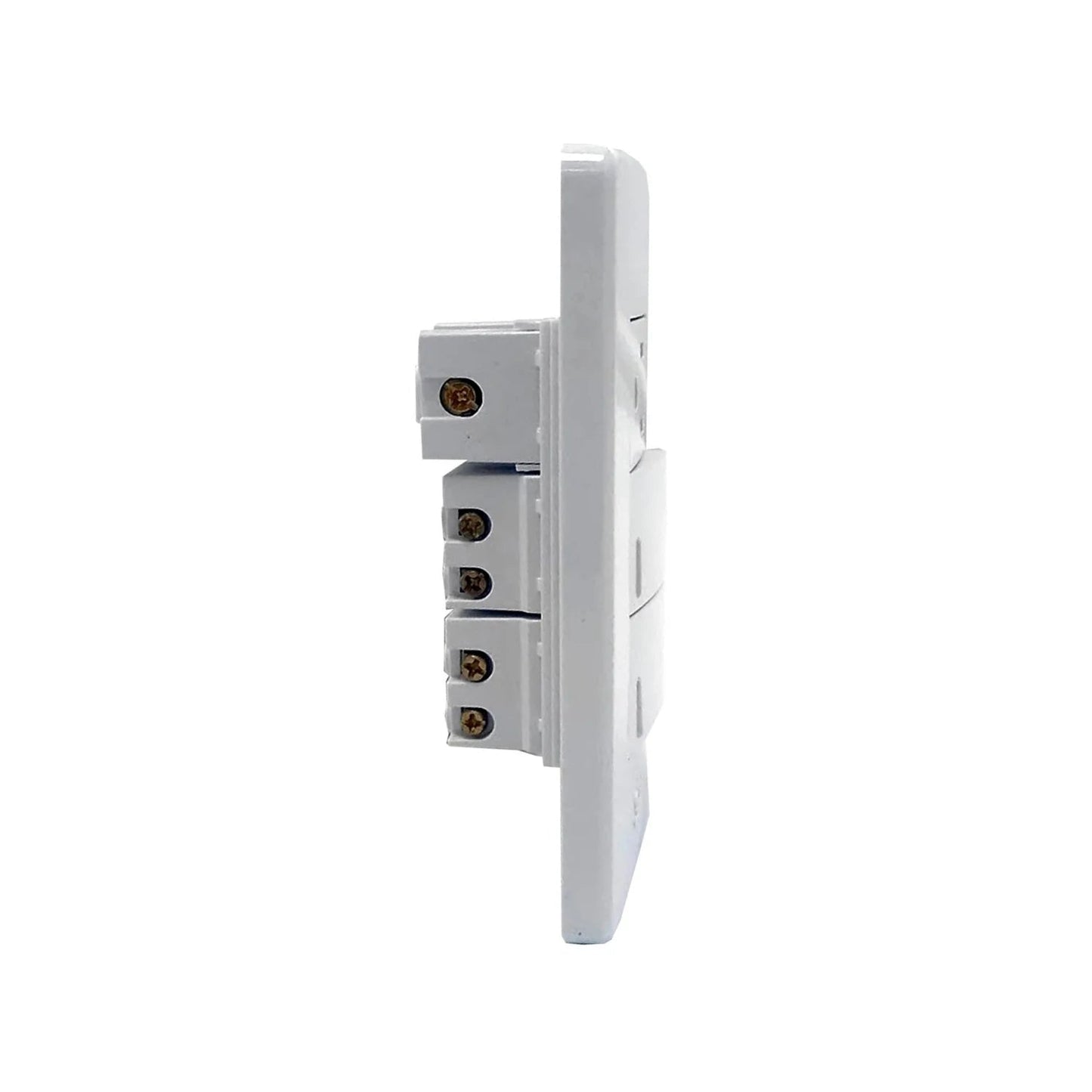 Placa eléctrica modular blanca con 2 apagadores y 1 contacto, vista lateral de terminales de conexión de tornillo.