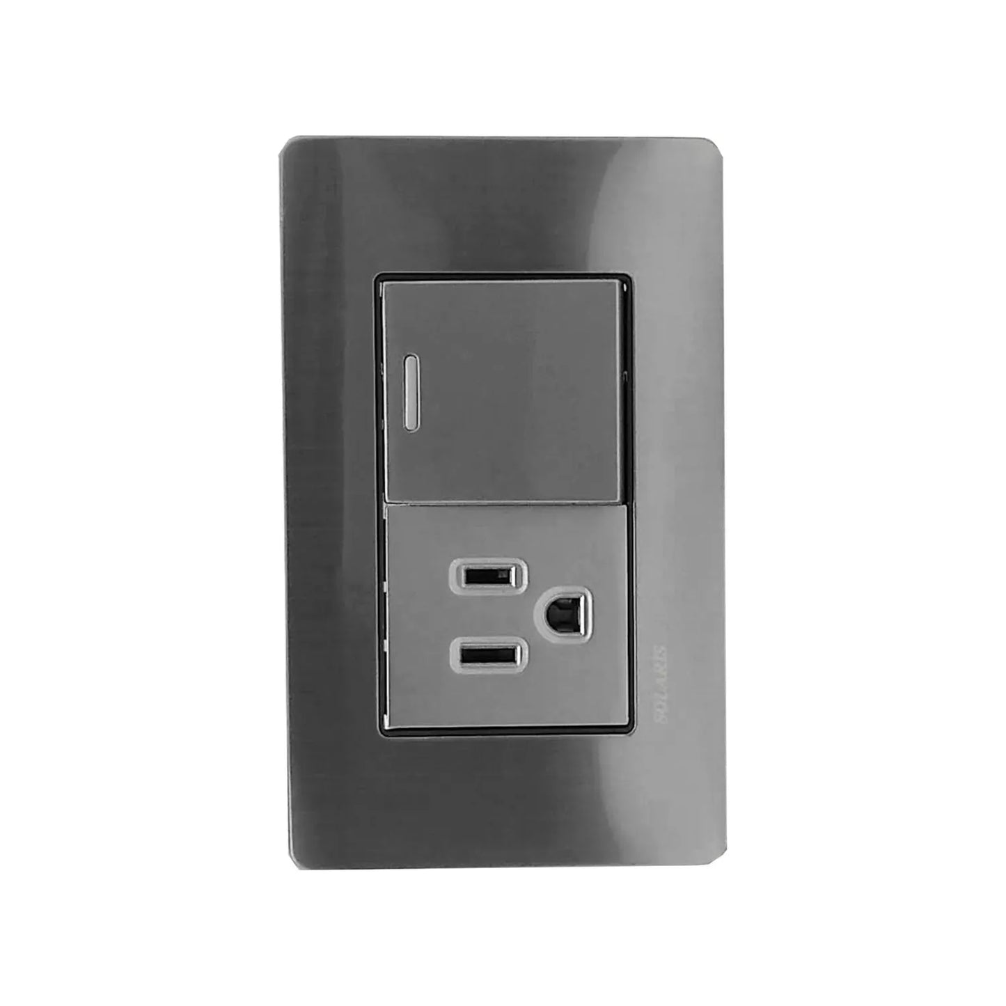 Fabricada de plástico ABS,Cubierta de acero inoxidable.,Placa con 1 apagador de escalera y 1 contacto polarizado.,Tomacorriente 127 V - 15 A - 60 Hz,Apagador 127 V – 10 A – 60 Hz.,Acabado gris-plata.,Ideal para uso residencial u oficina.