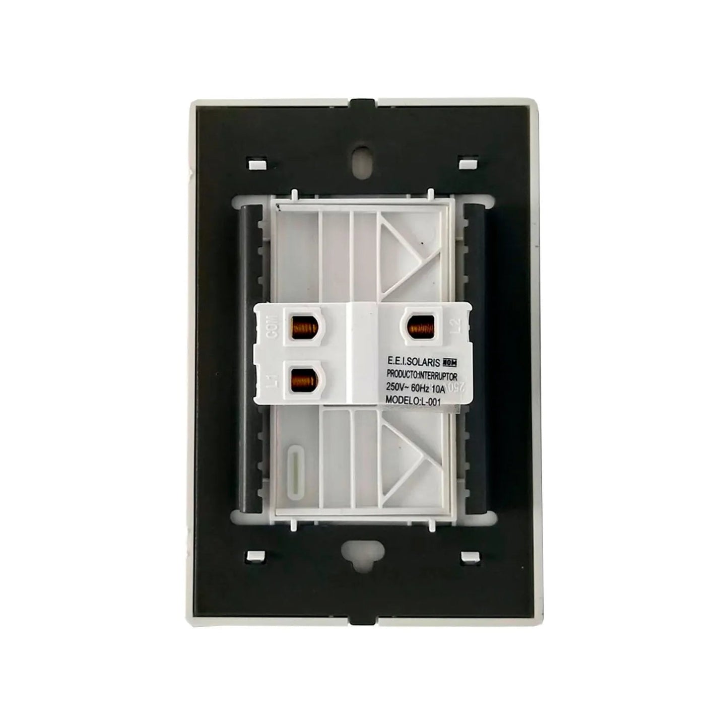 Apagador de luz escalera blanco Solaris, parte trasera con conexiones eléctricas, 10A 250V, para instalación.