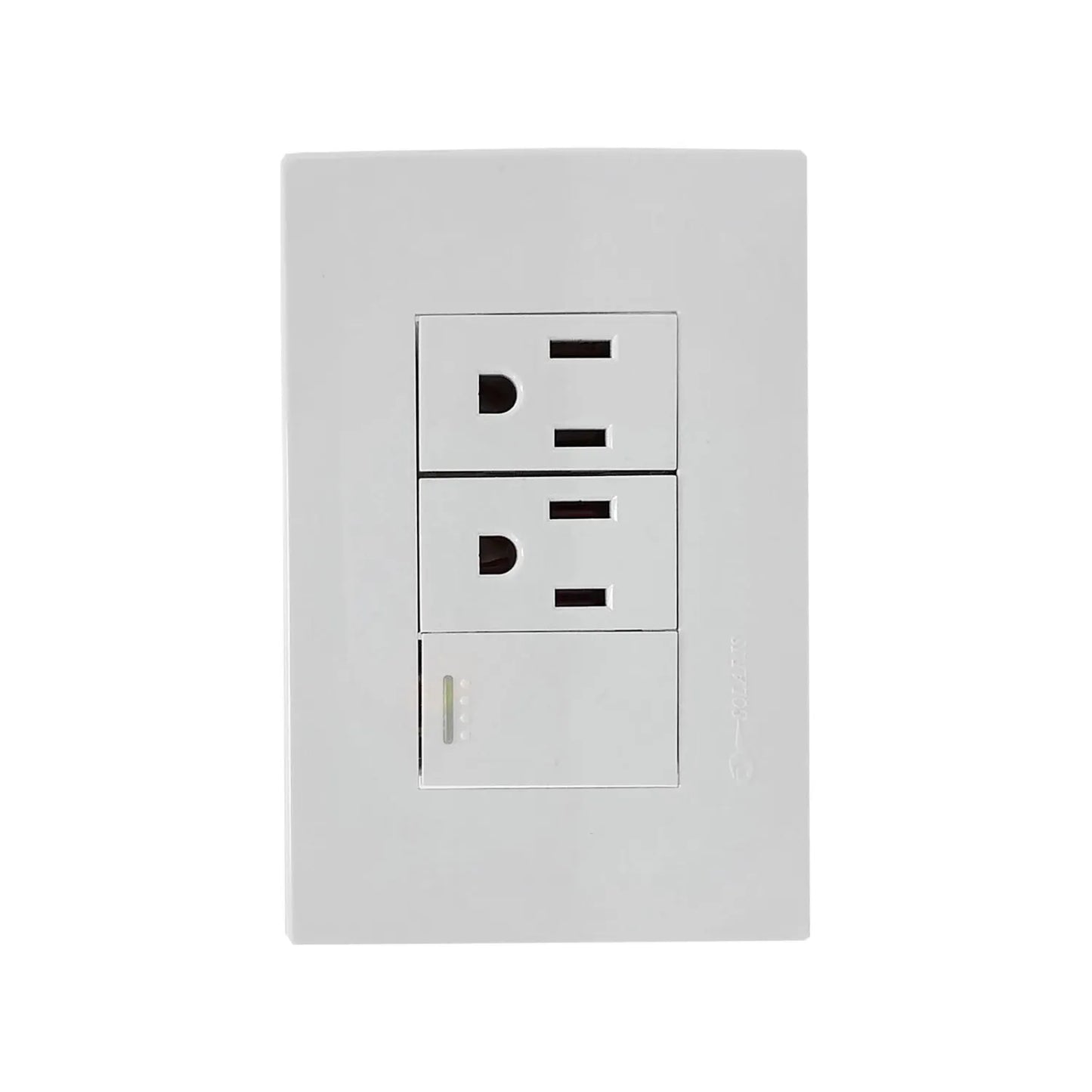 Fabricada en policarbónato.,Placa un apagador escalera y dos contactos polarizados.,Tomacorriente 127 V - 15 A - 60 Hz,Apagador 127 V – 10 A – 60 Hz,Perfil ultra delgado (solo 3 mm).,Nuevo sistema push con diseño moderno y minimalista.
