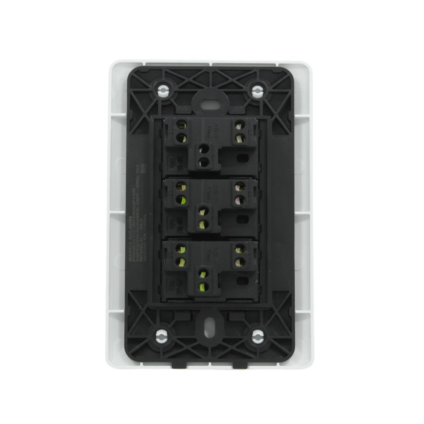 Placa blanca Solaris ECO-3 con 3 interruptores de escalera, 10A 250V, vista posterior para cableado.