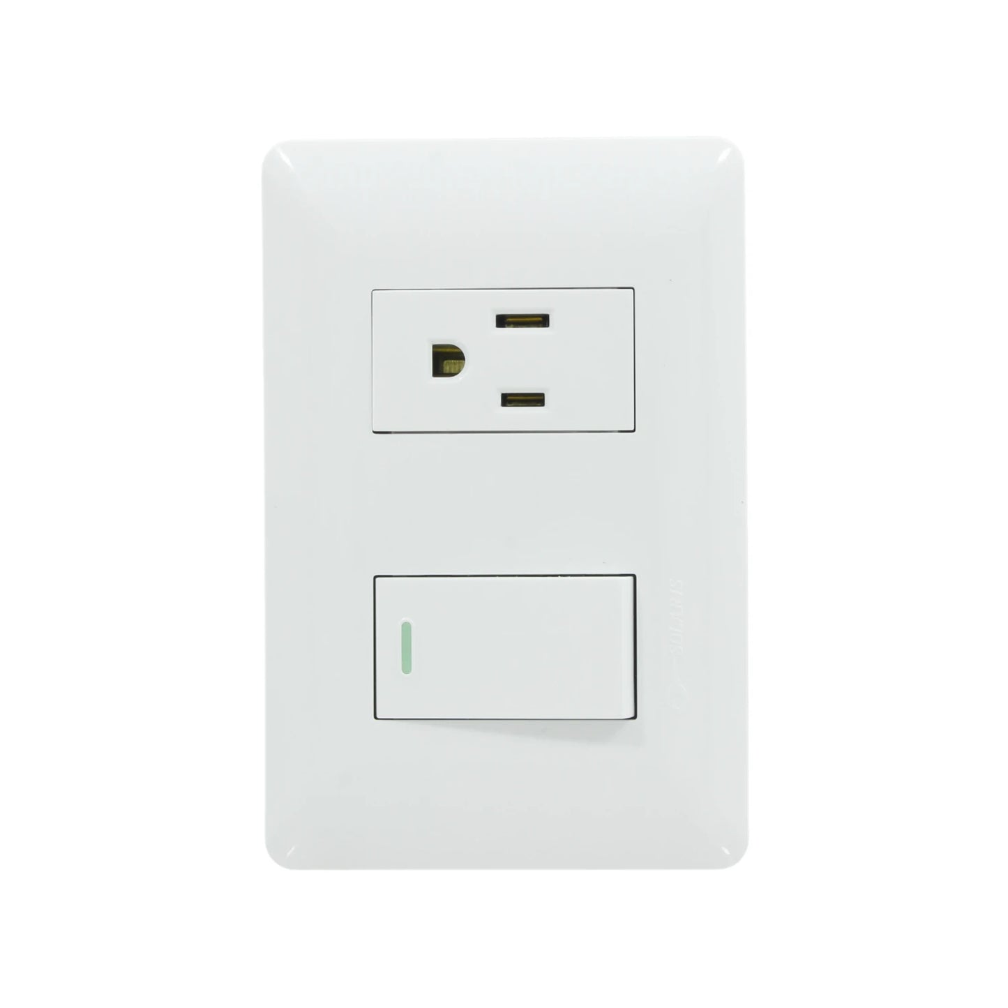 Elaborada de plástico ABS,Placa un apagador escalera y un contacto.,Aterrizado, se caracteriza por tener tres puntos de conexión, línea, neutro y de tierra física.,Incluye tornillos para su instalación.,Tensión: 125 V,Frecuencia: 60 Hz,Corriente: 15 A,No sobrepase la corriente indicada.,Antes de instalarlo, interrumpa el paso de energía mediante el interruptor de circuito o fusible.,Asegúrese que el circuito no esté energizado y que el área este libre de humedad antes de iniciar la instalacióntomacorriente.