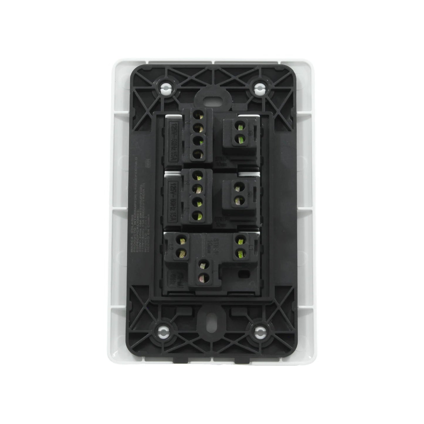 Placa eléctrica blanca vista trasera con un apagador y dos contactos polarizados 125V 15A, para instalación.