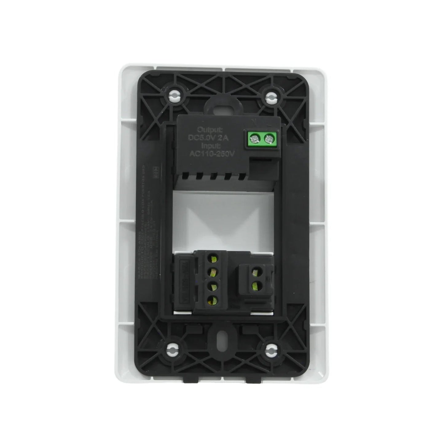 Placa de pared blanca con cargador USB, vista trasera mostrando conexiones eléctricas, entrada AC110-250V, salida DC5V 2A
