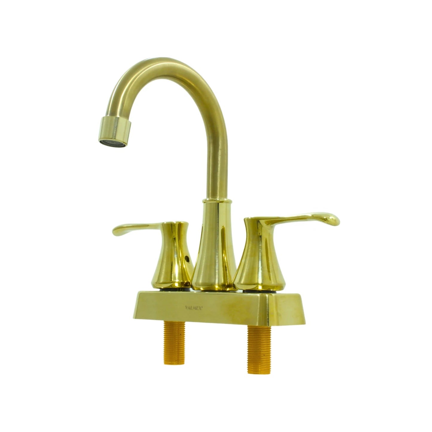 Mezcladora para lavabo dorada Valmex doble maneral con cuello de ganso