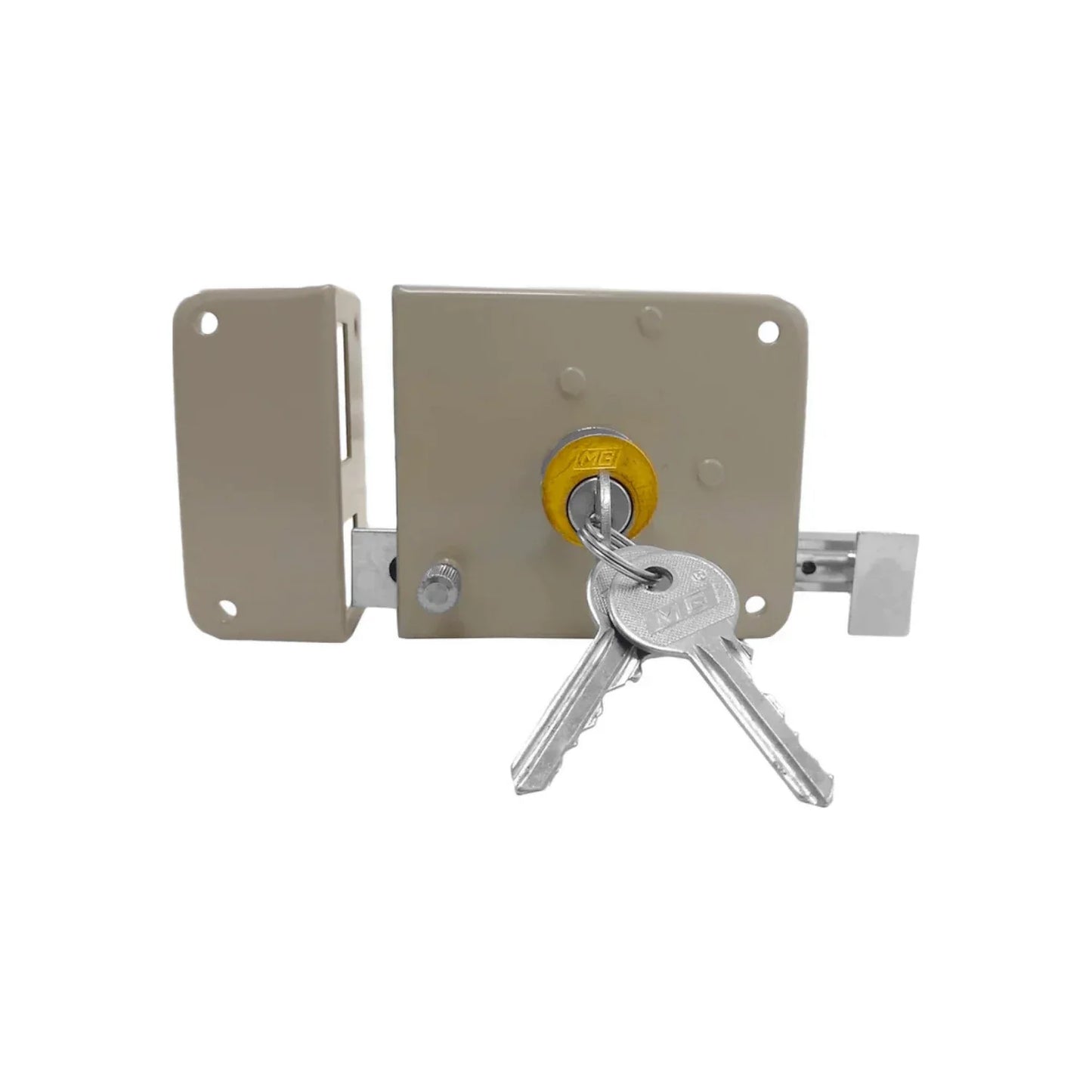 Cerradura para puertas metálicas y de madera.,Fácil instalación.,Botón de seguridad.,Incluye contra y tornillería para su instalación.
