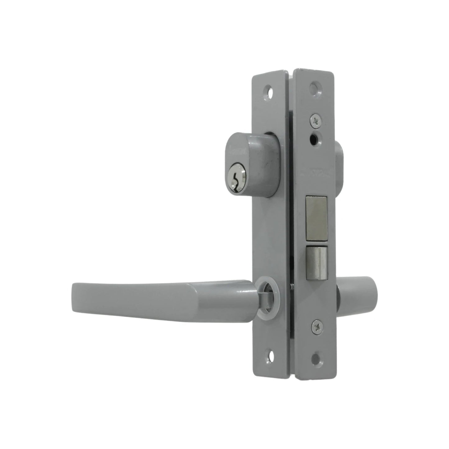 Cerradura de embutir para puerta de aluminio con manija de palanca y cilindro de seguridad cromo satinado