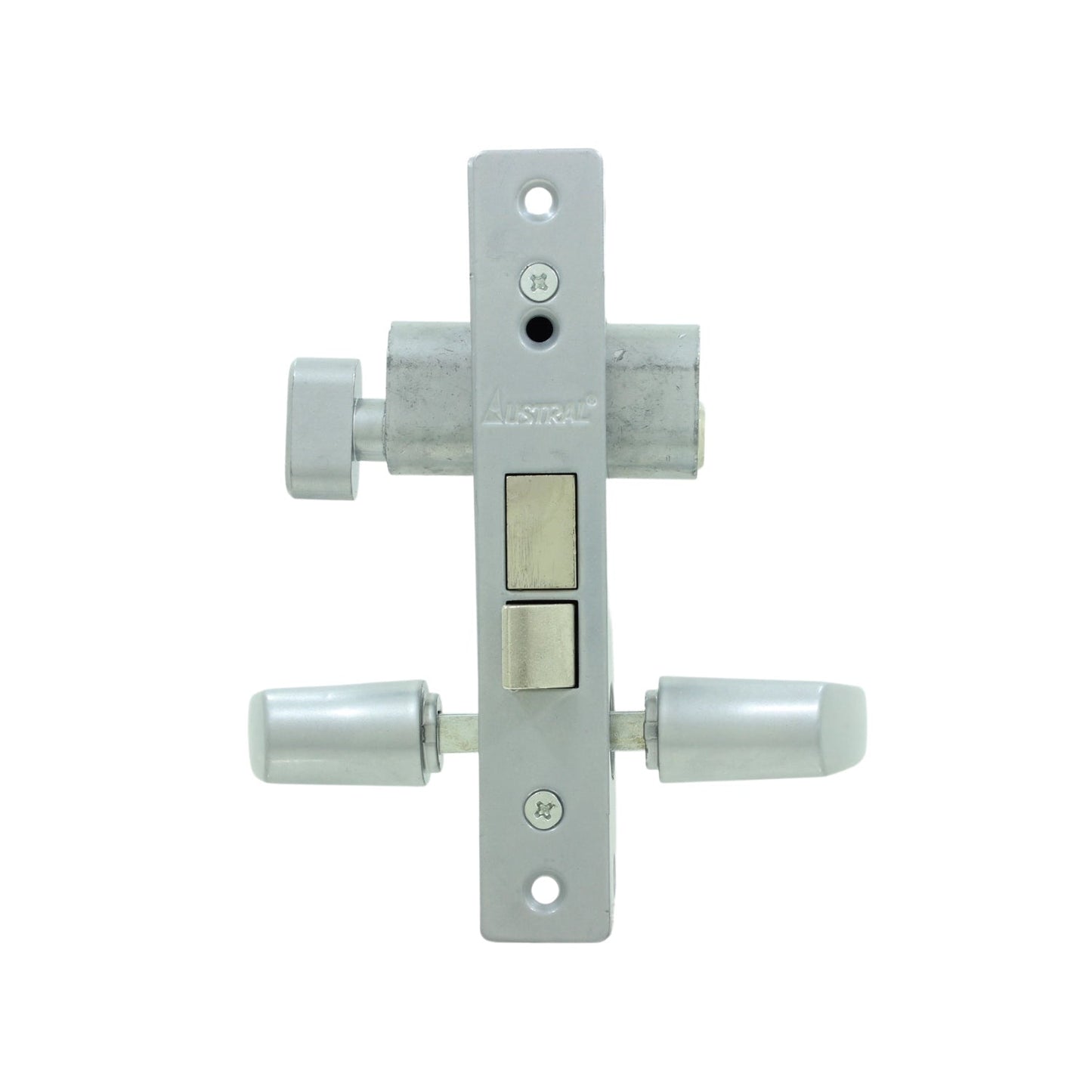 Cerradura de pestillo doble Austral para puerta de aluminio, acabado cromo satinado.