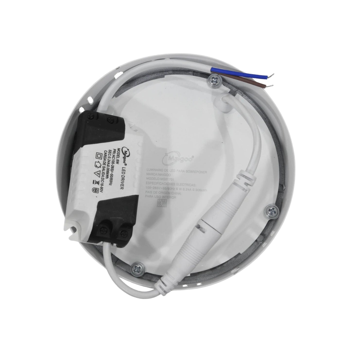 Lámpara panel LED Maigoo 6W redonda para sobreponer, vista trasera con driver y conexiones eléctricas