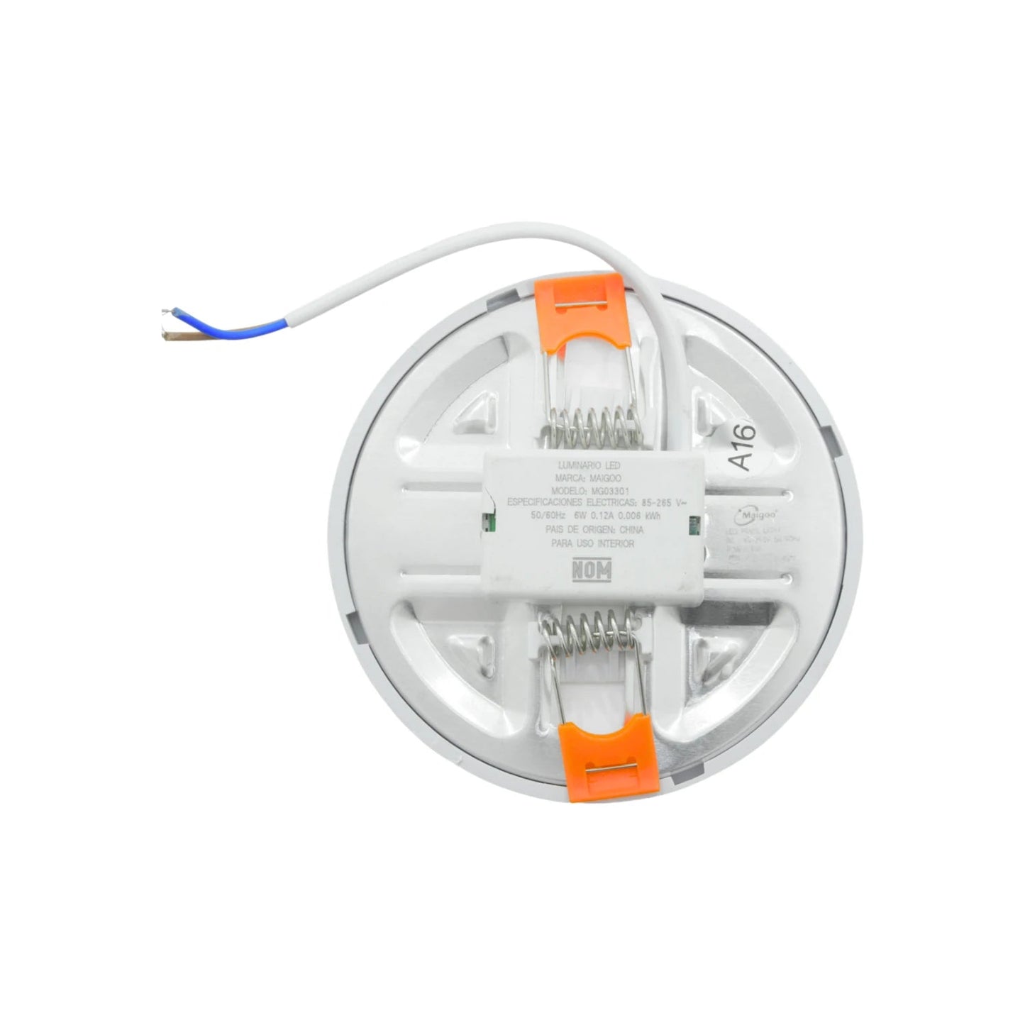 Lámpara panel LED redondo empotrable Maigoo 6W, blanco, con cableado y resortes para montaje en techo interior.