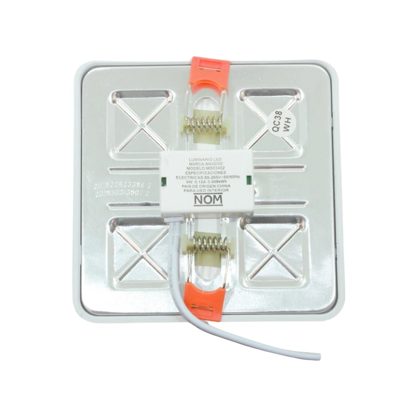Reverso lámpara panel LED Maigoo MG03402 cuadrada blanca, 8W, con driver 85-265V y clips de sujeción empotrables.