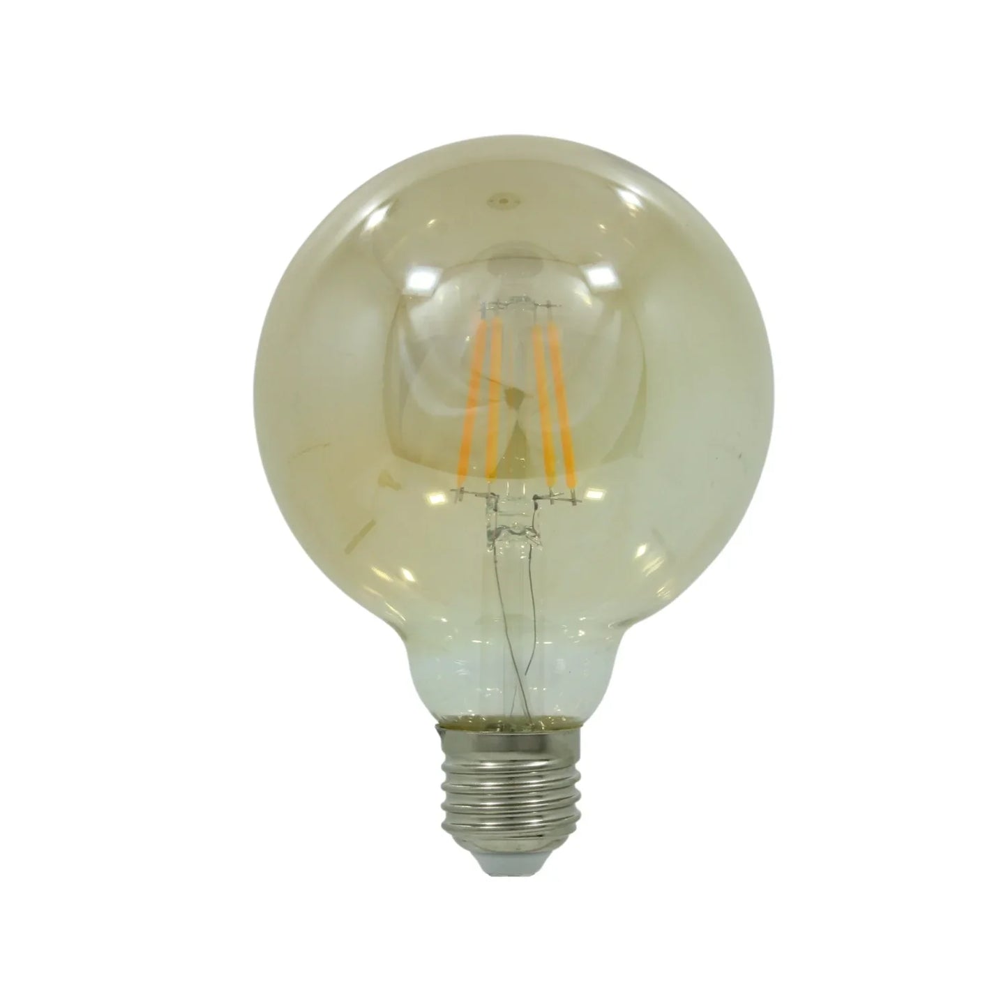Foco vintage Globo.,Cuerpo de cristal y filamentos metálicos.,Rosca metálica.,Luz calida.,Tensión 127 V,4 W,50-60 Hz,400 lm,6000 horas de vida.,Distribución de luz omnidireccional.,Base E27,NOM