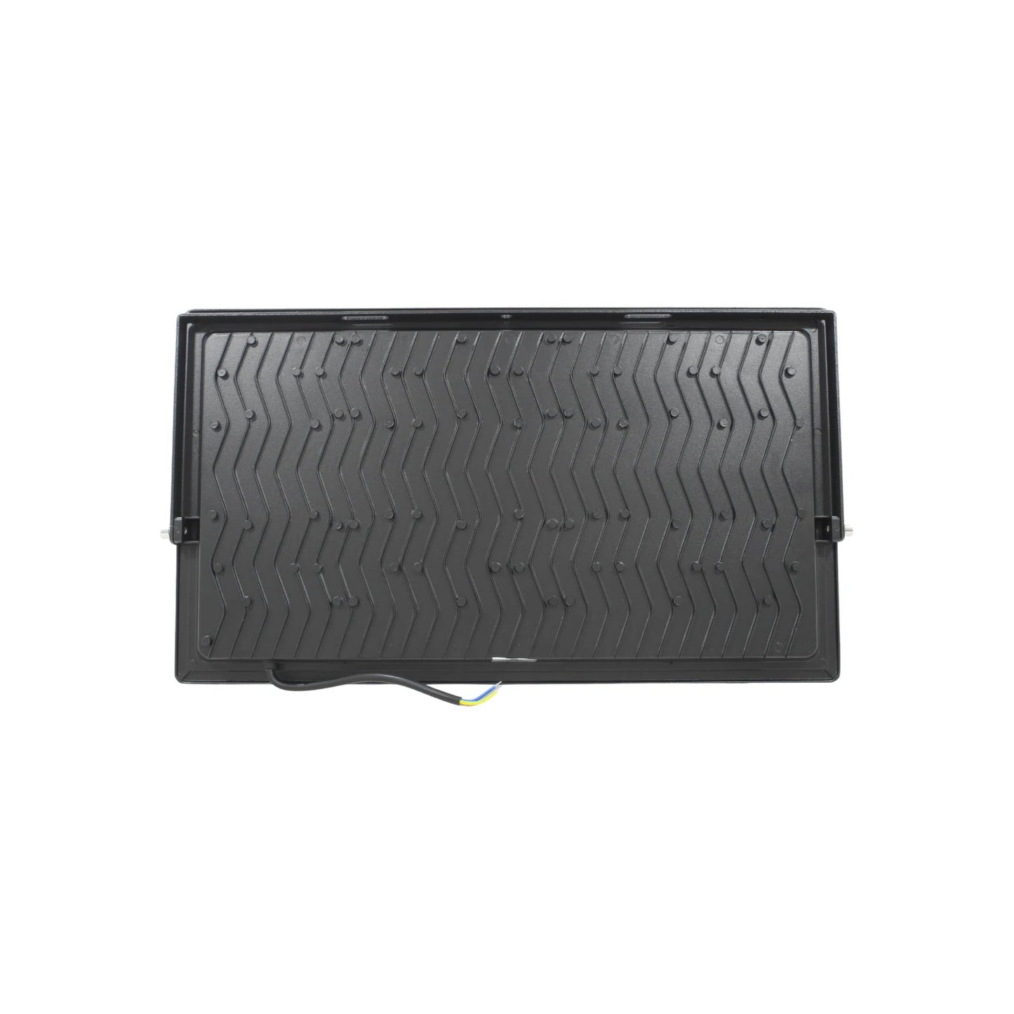 Parte trasera de reflector LED negro rectangular con disipador de calor para iluminación exterior industrial