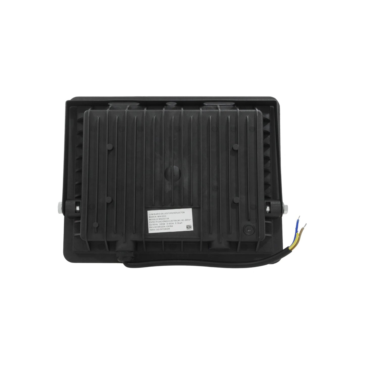 Reflector LED Maigoo MG05718 negro 100W RGB multicolor para exterior, vista trasera con disipador y cables