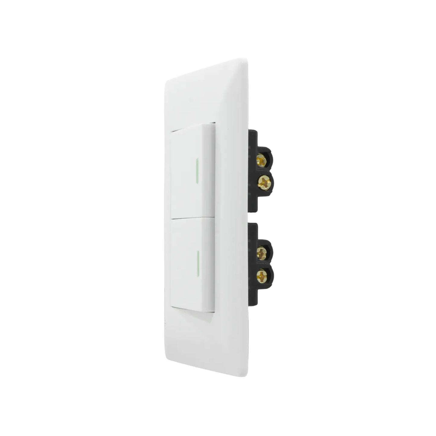 Placa blanca doble con dos apagadores de escalera con indicador verde, interruptor eléctrico para pared.