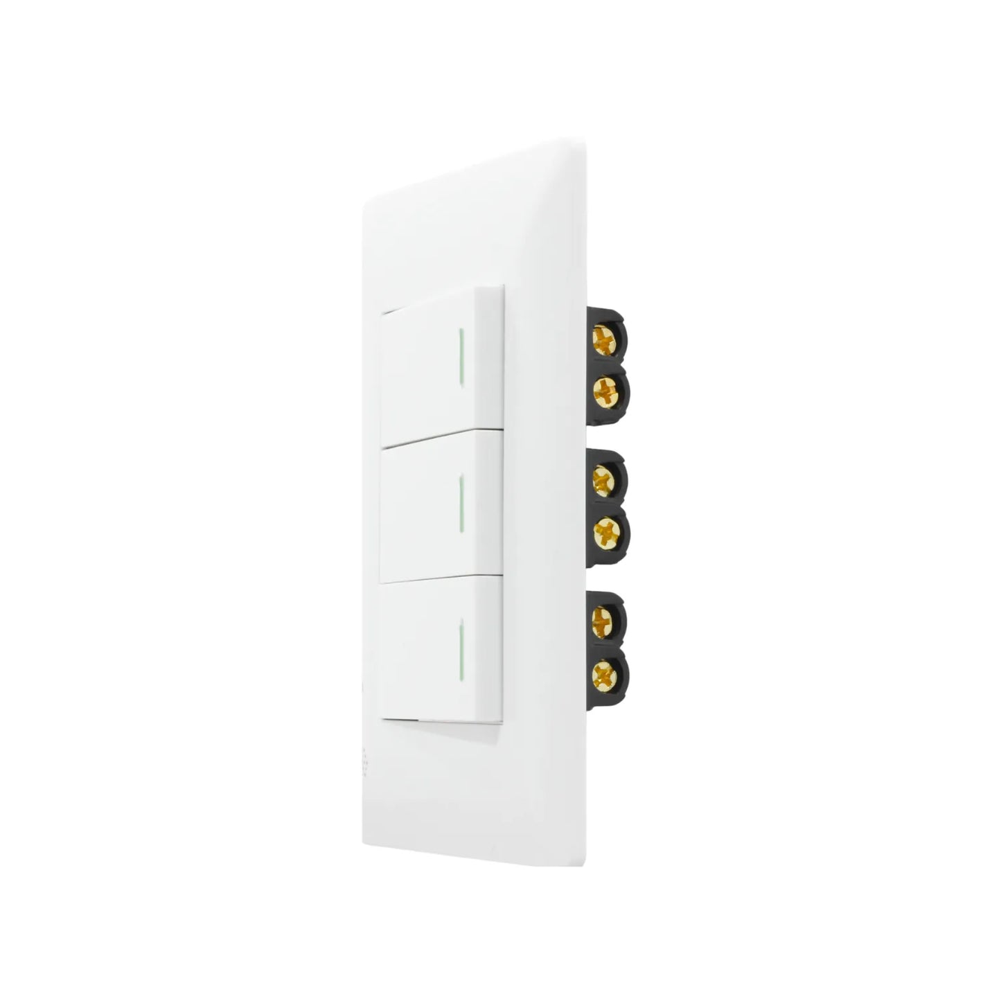 Placa de pared blanca con 3 interruptores eléctricos de escalera, tipo 3 vías, con conexiones traseras visibles.