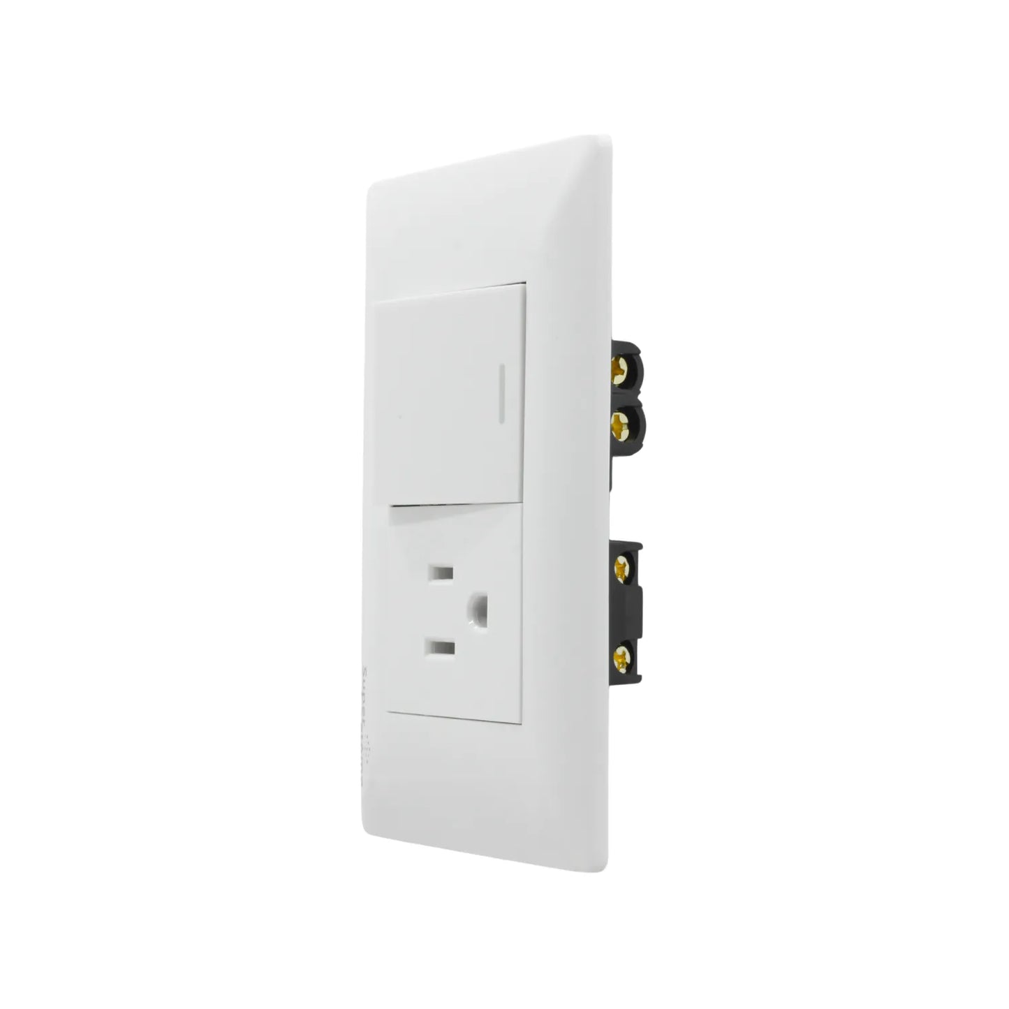 Placa eléctrica de pared blanca con un apagador de luz y un contacto polarizado.
