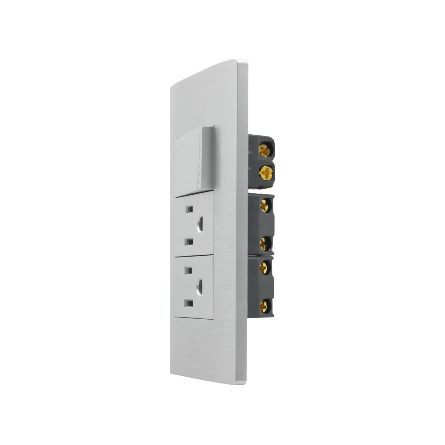 Placa eléctrica de pared gris con 1 interruptor de luz y 2 tomas de corriente, vista lateral con terminales dorados.