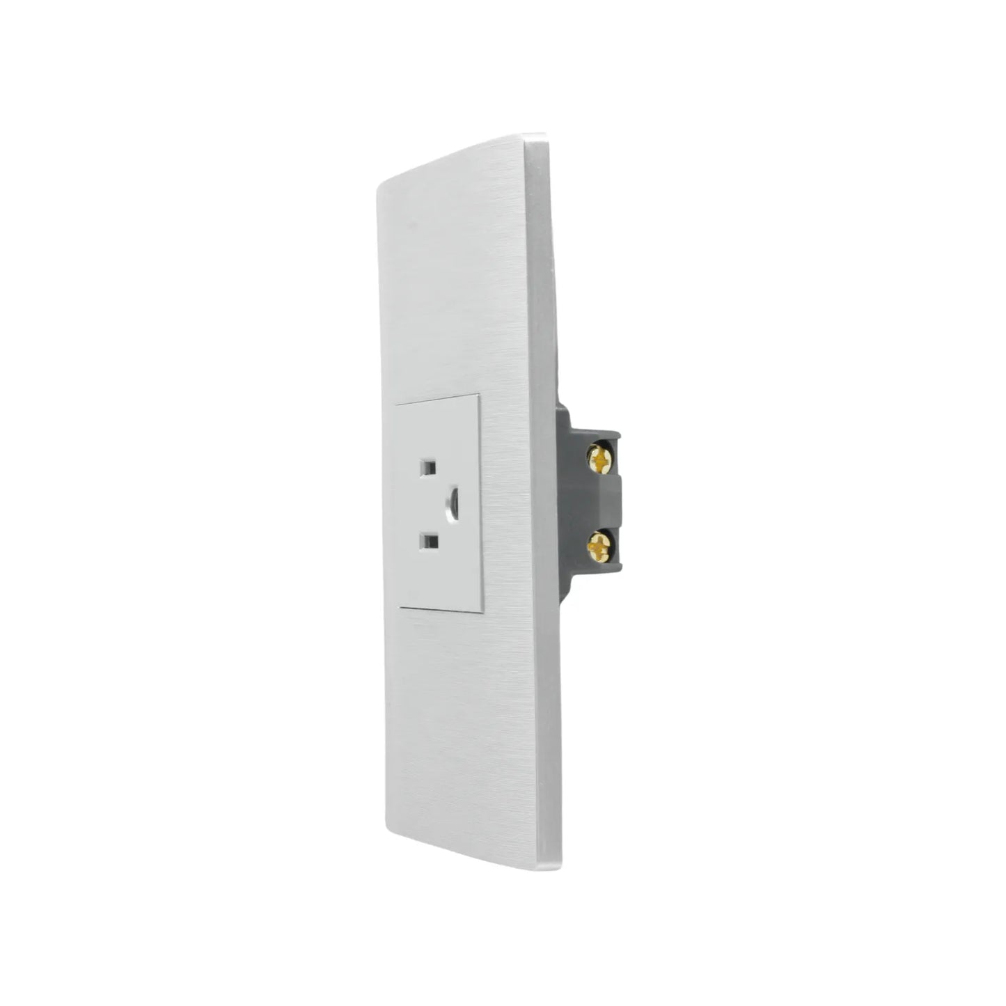 Placa de pared eléctrica con 1 contacto, acabado aluminio cepillado plateado, diseño moderno y minimalista.