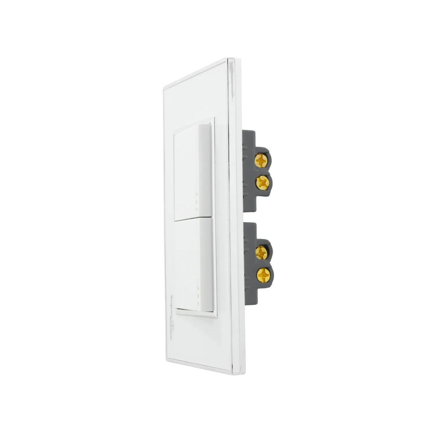 Placa doble de 2 apagadores escalera blanca Super Átomo con terminales eléctricos para instalación.
