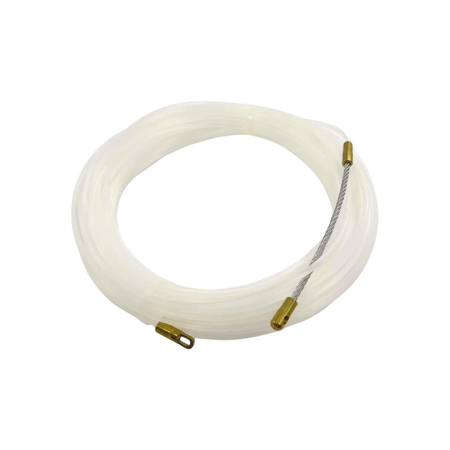 Guía para cableado de nylon monofilamento blanco translúcido, enrollada con punteras de latón y cable de acero