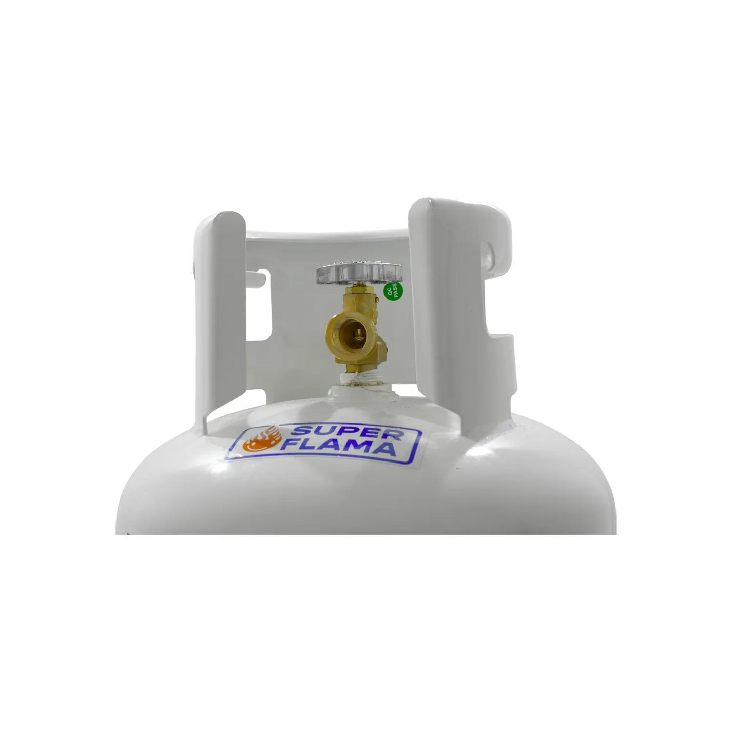 Cilindro de gas LP blanco marca Super Flama con válvula de bronce y collarín protector para estufas y calentadores.