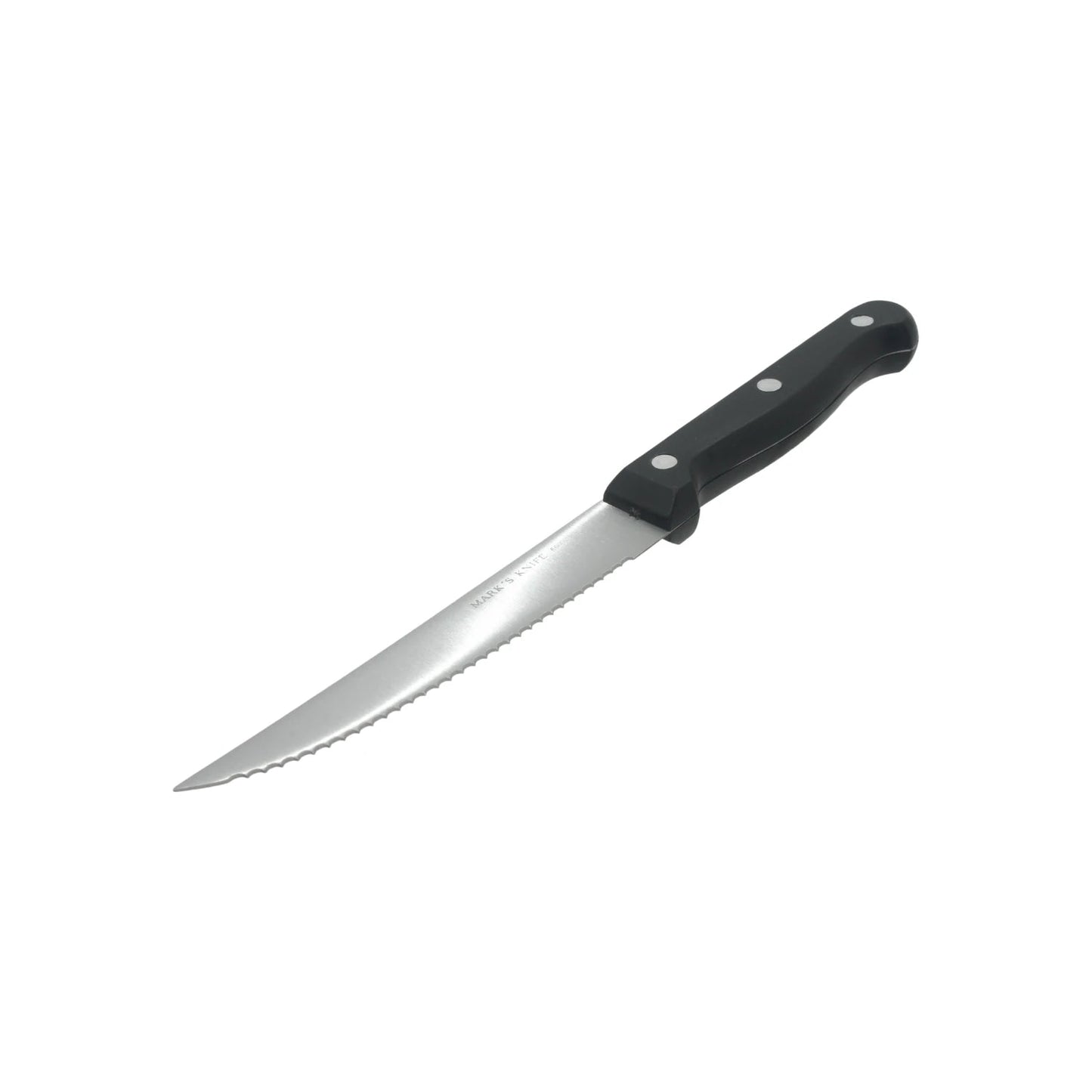 Cuchillo de sierra Mark's Knife 5" con hoja de acero inoxidable y mango de plástico negro