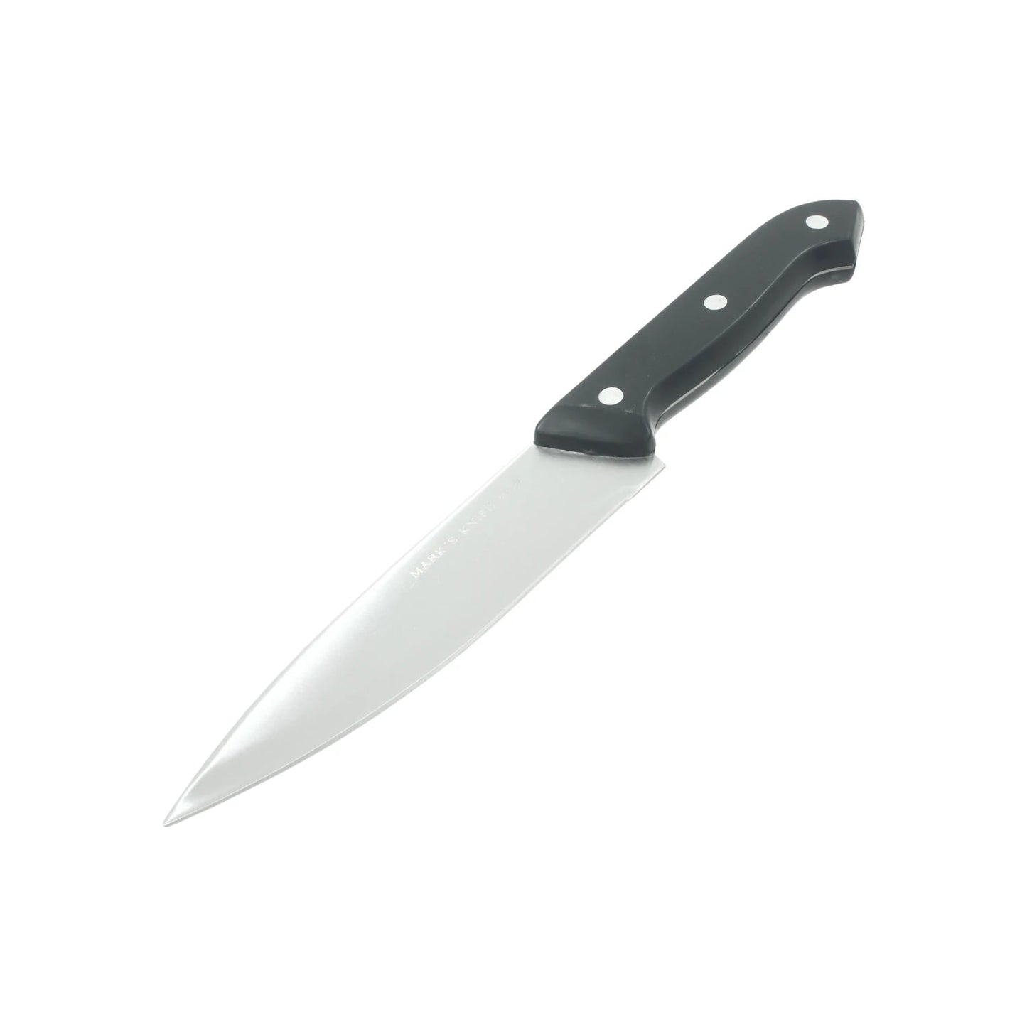 Cuchillo de cocina Mark's Knife 6 pulgadas, mango de plástico negro y hoja de acero inoxidable.